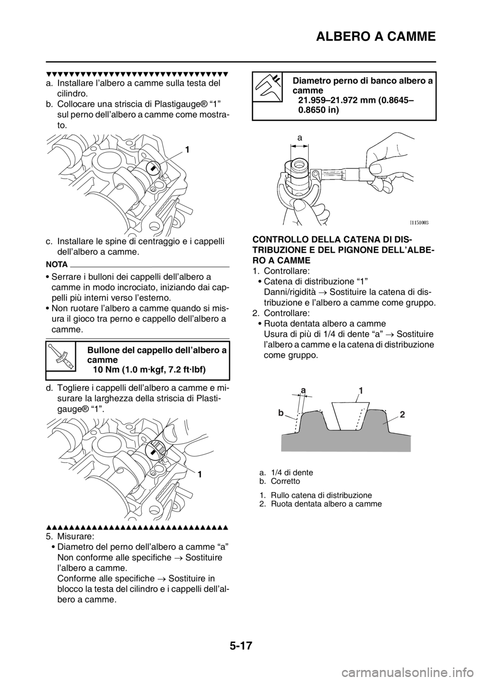 YAMAHA YZ250F 2015  Manuale duso (in Italian) ALBERO A CAMME
5-17
▼▼▼▼▼▼▼▼▼▼▼▼▼▼▼▼▼▼▼▼▼▼▼▼▼▼▼▼▼▼▼▼
a. Installare l’albero a camme sulla testa del 
cilindro.
b. Collocare una strisc YAMAHA YZ250F 2015  Manuale duso (in Italian) ALBERO A CAMME
5-17
▼▼▼▼▼▼▼▼▼▼▼▼▼▼▼▼▼▼▼▼▼▼▼▼▼▼▼▼▼▼▼▼
a. Installare l’albero a camme sulla testa del 
cilindro.
b. Collocare una strisc
