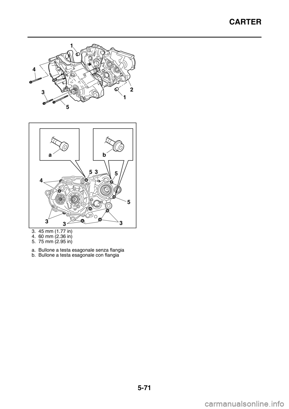YAMAHA YZ250F 2015  Manuale duso (in Italian) CARTER
5-71
3. 45 mm (1.77 in)
4. 60 mm (2.36 in)
5. 75 mm (2.95 in)
a. Bullone a testa esagonale senza flangia
b. Bullone a testa esagonale con flangia
4
5
3
43
335 5 5
3
ab1
1
2 