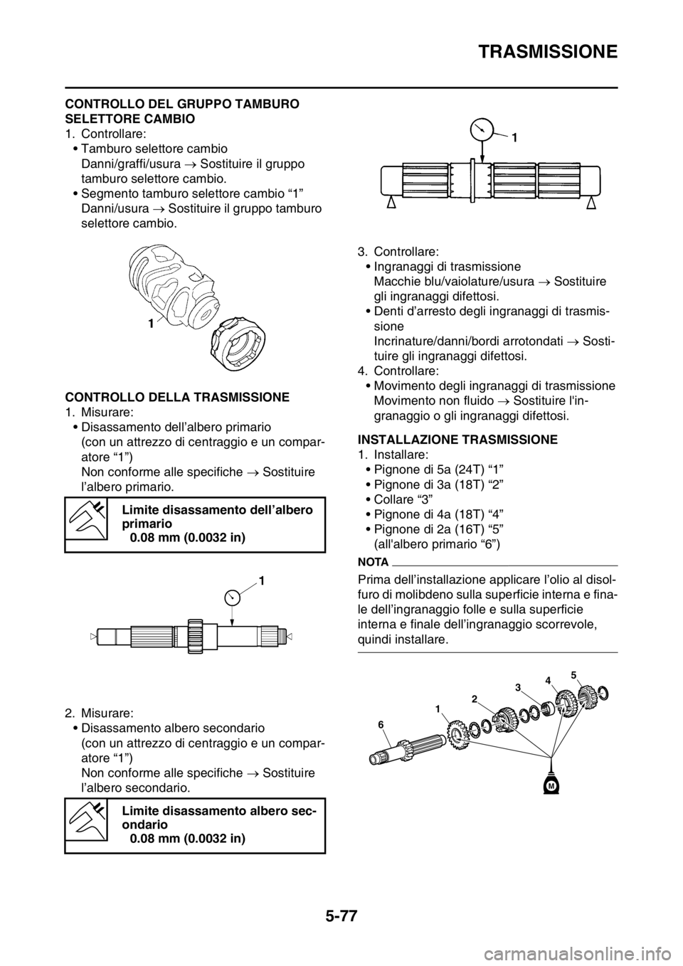 YAMAHA YZ250F 2015  Manuale duso (in Italian) TRASMISSIONE
5-77
HAS1SM5293CONTROLLO DEL GRUPPO TAMBURO 
SELETTORE CAMBIO
1. Controllare:
• Tamburo selettore cambio
Danni/graffi/usura  Sostituire il gruppo 
tamburo selettore cambio.
• Segme