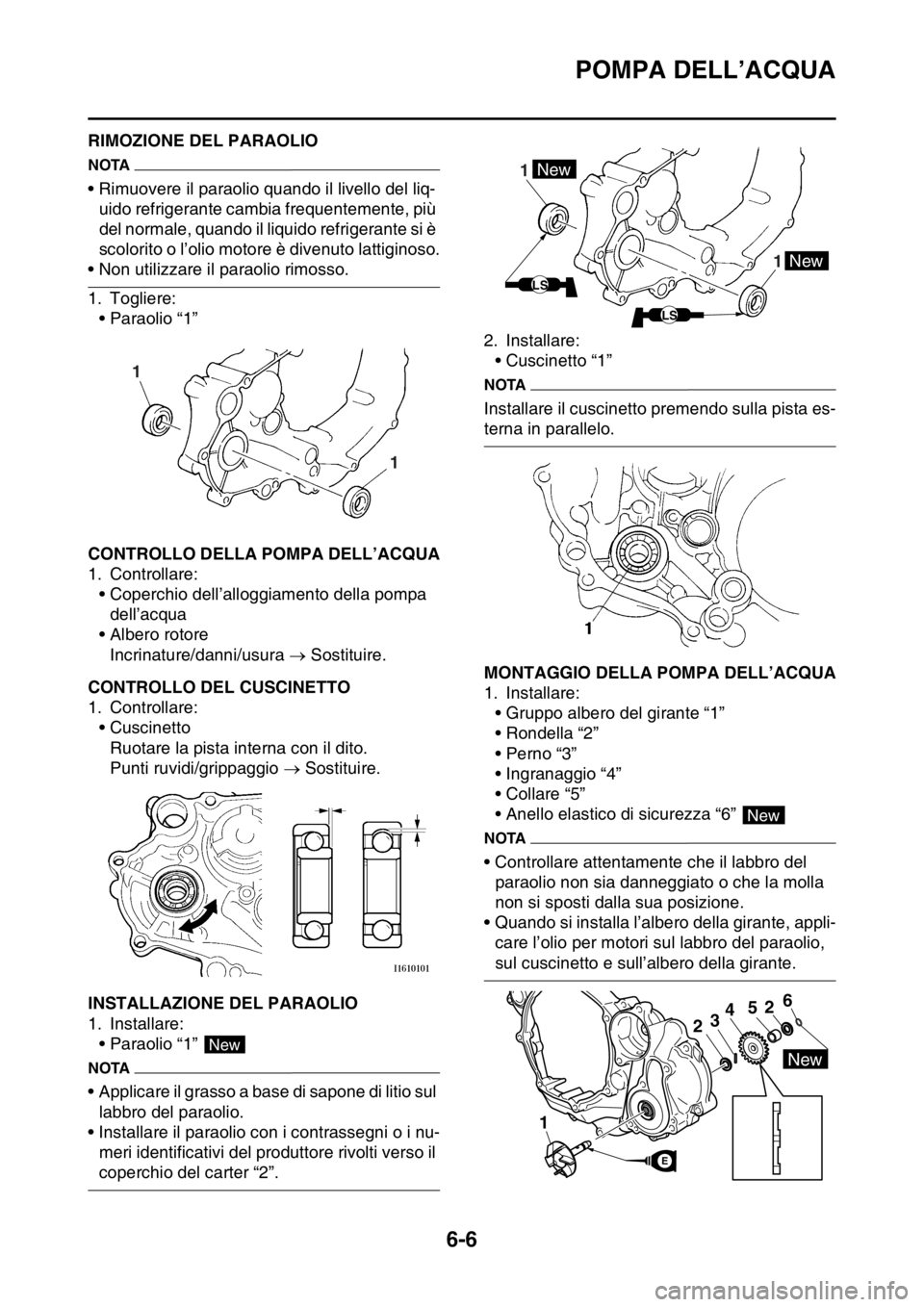 YAMAHA YZ250F 2015  Manuale duso (in Italian) POMPA DELL’ACQUA
6-6
HAS1SM5301RIMOZIONE DEL PARAOLIO
NOTA
• Rimuovere il paraolio quando il livello del liq-
uido refrigerante cambia frequentemente, più 
del normale, quando il liquido refriger