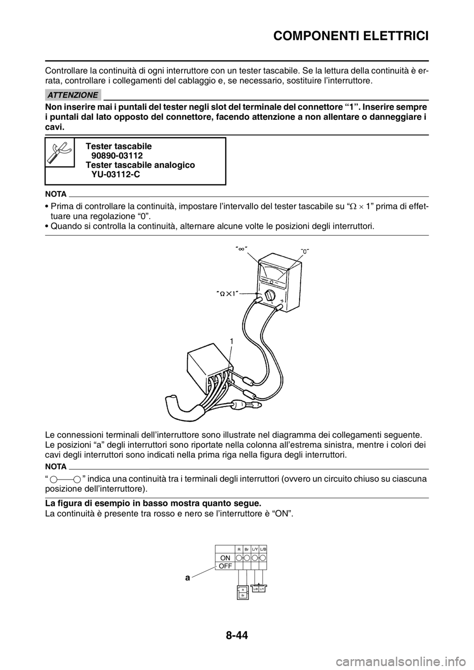 YAMAHA YZ250F 2015  Manuale duso (in Italian) COMPONENTI ELETTRICI
8-44
Controllare la continuità di ogni interruttore con un tester tascabile. Se la lettura della continuità è er-
rata, controllare i collegamenti del cablaggio e, se necessari