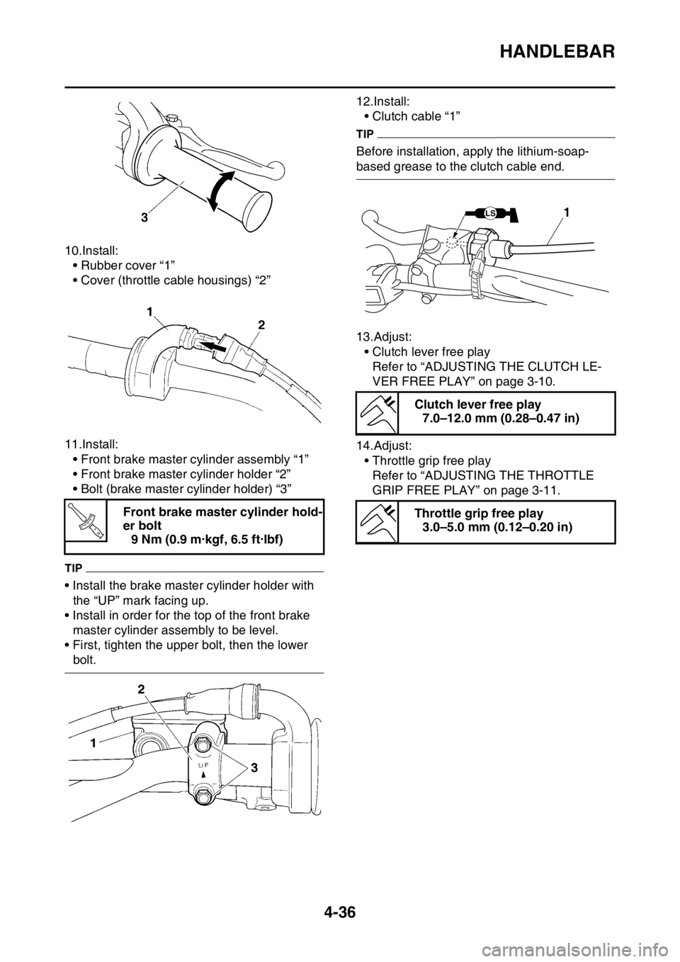 YAMAHA YZ250F 2014  Owners Manual HANDLEBAR
4-36
10.Install:
• Rubber cover “1”
• Cover (throttle cable housings) “2”
11.Install:
• Front brake master cylinder assembly “1”
• Front brake master cylinder holder “2