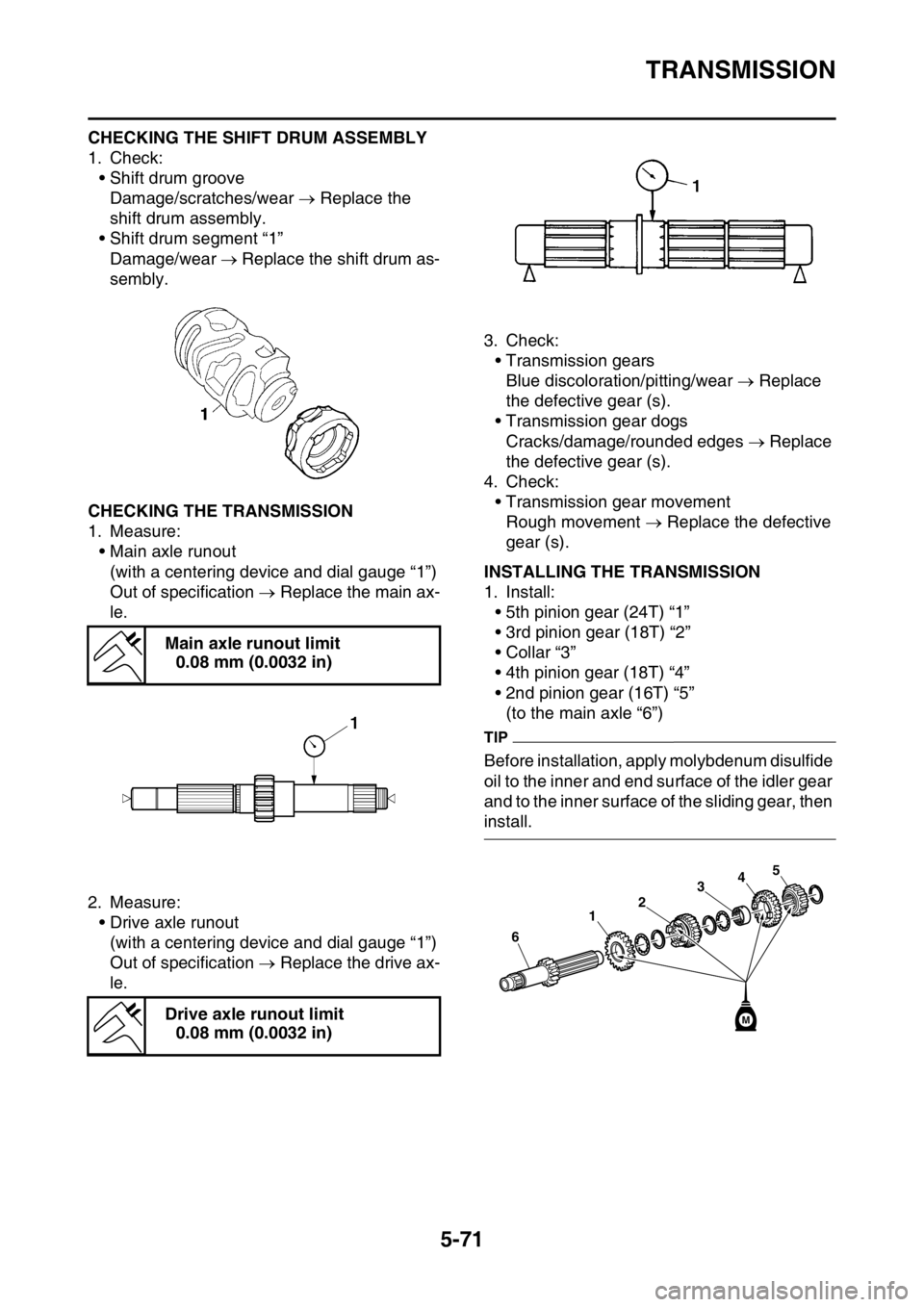 YAMAHA YZ250F 2014  Owners Manual TRANSMISSION
5-71
CHECKING THE SHIFT DRUM ASSEMBLY
1. Check:
• Shift drum groove
Damage/scratches/wear  Replace the 
shift drum assembly.
• Shift drum segment “1”
Damage/wear  Replace th