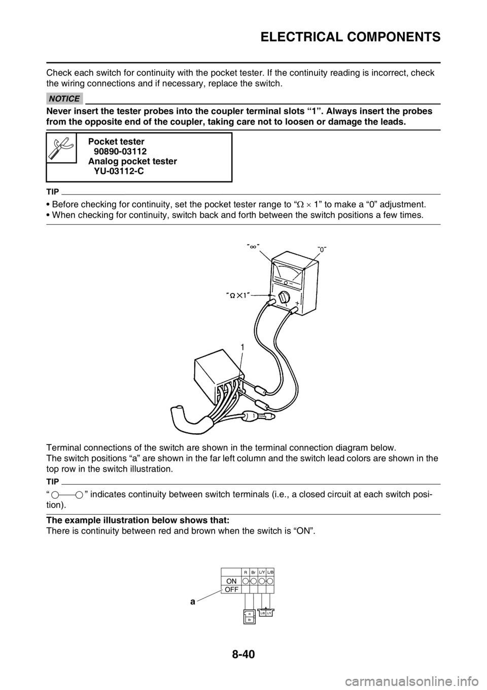 YAMAHA YZ250F 2014  Owners Manual ELECTRICAL COMPONENTS
8-40
Check each switch for continuity with the pocket tester. If the continuity reading is incorrect, check 
the wiring connections and if necessary, replace the switch.
ECA14370