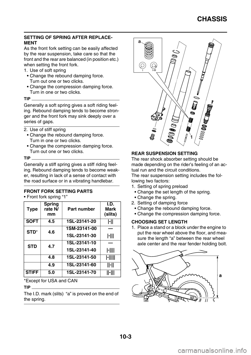 YAMAHA YZ250F 2014 Owners Manual CHASSIS
10-3
SETTING OF SPRING AFTER REPLACE-
MENT
As the front fork setting can be easily affected
by the rear suspension, take care so that the
front and the rear are balanced (in position etc.)
YAMAHA YZ250F 2014 Owners Manual CHASSIS
10-3
SETTING OF SPRING AFTER REPLACE-
MENT
As the front fork setting can be easily affected
by the rear suspension, take care so that the
front and the rear are balanced (in position etc.)