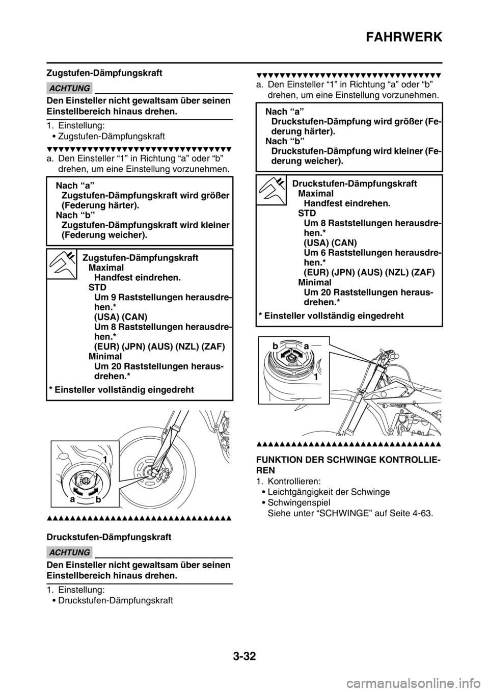 YAMAHA YZ250F 2014  Betriebsanleitungen (in German) FAHRWERK
3-32
Zugstufen-DämpfungskraftECA13590
ACHTUNG
Den Einsteller nicht gewaltsam über seinen 
Einstellbereich hinaus drehen.
1. Einstellung:
• Zugstufen-Dämpfungskraft
▼▼▼▼▼▼▼