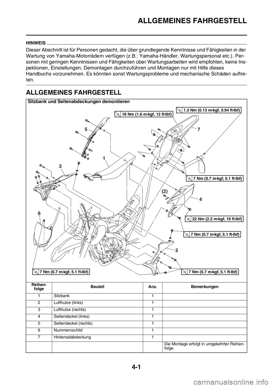 YAMAHA YZ250F 2014  Betriebsanleitungen (in German) ALLGEMEINES FAHRGESTELL
4-1
GAS1SM1117
HINWEIS
Dieser Abschnitt ist für Personen gedacht, die über grundlegende Kenntnisse und Fähigkeiten in der 
Wartung von Yamaha-Motorrädern verfügen (z.B.: Y