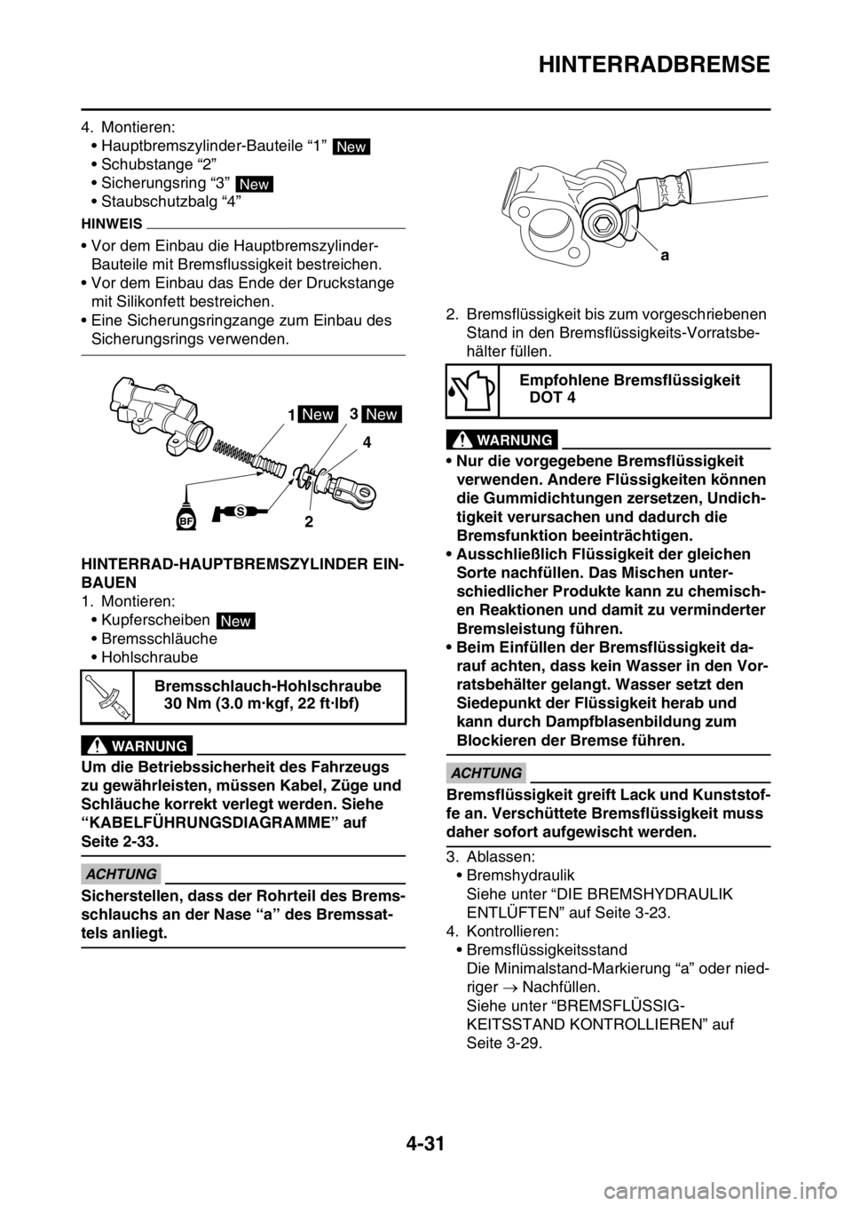 YAMAHA YZ250F 2014 Betriebsanleitungen (in German) HINTERRADBREMSE
4-31
4. Montieren:
• Hauptbremszylinder-Bauteile “1”
• Schubstange “2”
• Sicherungsring “3”
• Staubschutzbalg “4”
HINWEIS
• Vor dem Einbau die Hauptbremsz YAMAHA YZ250F 2014 Betriebsanleitungen (in German) HINTERRADBREMSE
4-31
4. Montieren:
• Hauptbremszylinder-Bauteile “1”
• Schubstange “2”
• Sicherungsring “3”
• Staubschutzbalg “4”
HINWEIS
• Vor dem Einbau die Hauptbremsz