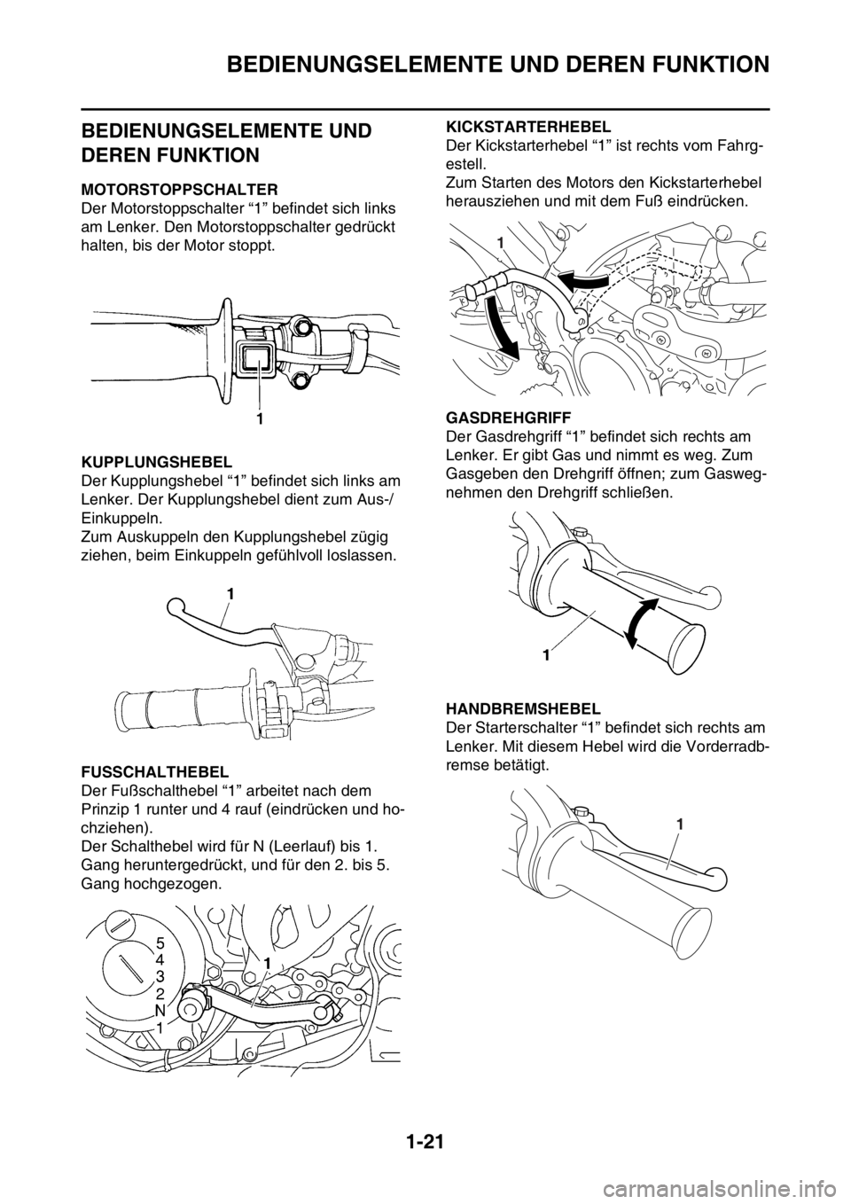 YAMAHA YZ250F 2014 Betriebsanleitungen (in German) BEDIENUNGSELEMENTE UND DEREN FUNKTION
1-21
GAS1SM1032
BEDIENUNGSELEMENTE UND
DEREN FUNKTION
GAS1SM1033MOTORSTOPPSCHALTER
Der Motorstoppschalter “1” befindet sich links
am Lenker. Den Motorstopps YAMAHA YZ250F 2014 Betriebsanleitungen (in German) BEDIENUNGSELEMENTE UND DEREN FUNKTION
1-21
GAS1SM1032
BEDIENUNGSELEMENTE UND
DEREN FUNKTION
GAS1SM1033MOTORSTOPPSCHALTER
Der Motorstoppschalter “1” befindet sich links
am Lenker. Den Motorstopps