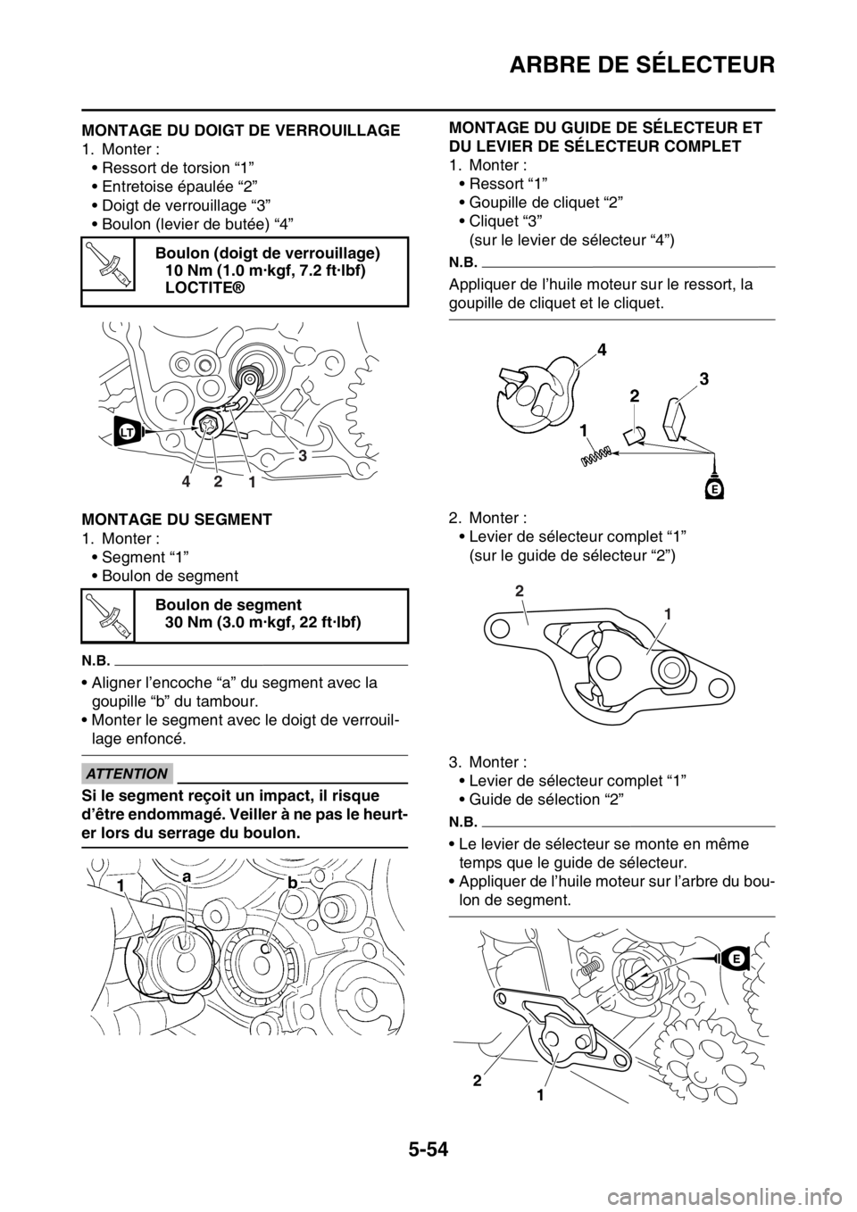 YAMAHA YZ250F 2014 Notices Demploi (in French) ARBRE DE SÉLECTEUR
5-54
FAS1SM1260MONTAGE DU DOIGT DE VERROUILLAGE
1. Monter :
• Ressort de torsion “1”
• Entretoise épaulée “2”
• Doigt de verrouillage “3”
• Boulon (levier de YAMAHA YZ250F 2014 Notices Demploi (in French) ARBRE DE SÉLECTEUR
5-54
FAS1SM1260MONTAGE DU DOIGT DE VERROUILLAGE
1. Monter :
• Ressort de torsion “1”
• Entretoise épaulée “2”
• Doigt de verrouillage “3”
• Boulon (levier de