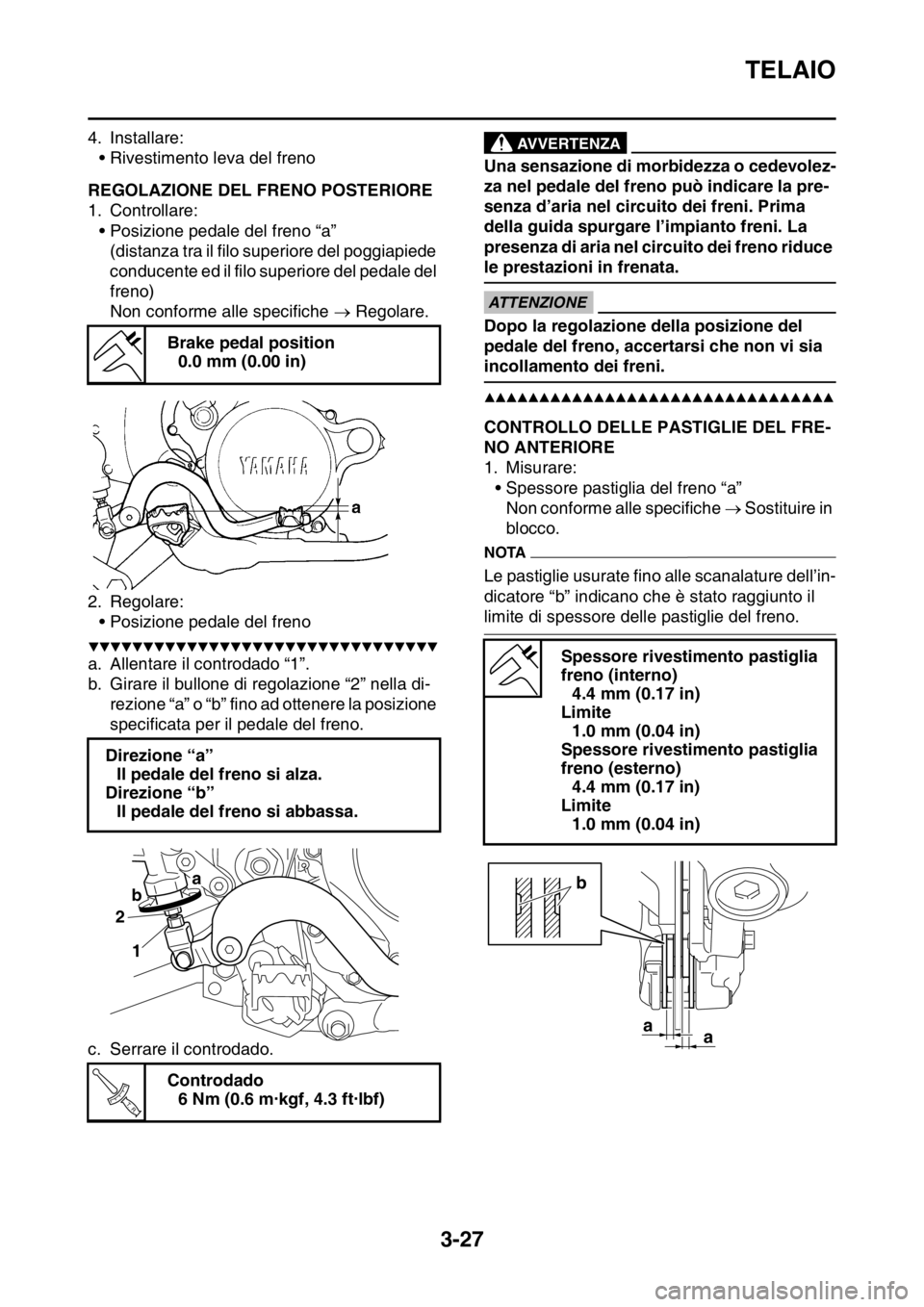 YAMAHA YZ250F 2014  Manuale duso (in Italian) TELAIO
3-27
4. Installare:
• Rivestimento leva del freno
HAS1SM1093REGOLAZIONE DEL FRENO POSTERIORE
1. Controllare:
• Posizione pedale del freno “a”
(distanza tra il filo superiore del poggiap