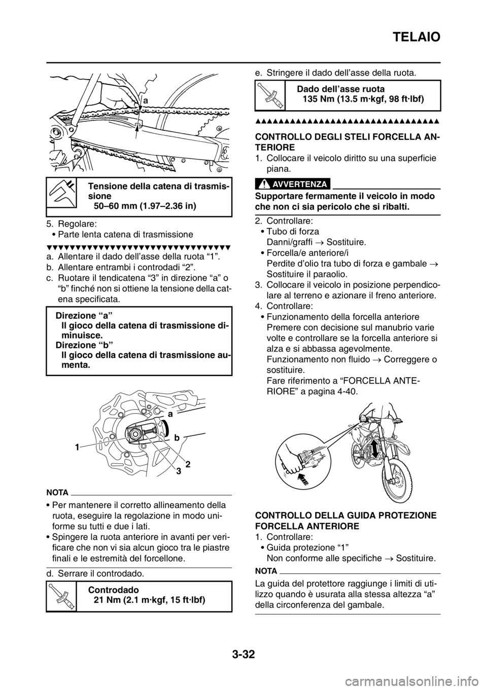YAMAHA YZ250F 2014  Manuale duso (in Italian) TELAIO
3-32
5. Regolare:
• Parte lenta catena di trasmissione
▼▼▼▼▼▼▼▼▼▼▼▼▼▼▼▼▼▼▼▼▼▼▼▼▼▼▼▼▼▼▼▼
a. Allentare il dado dell’asse della 