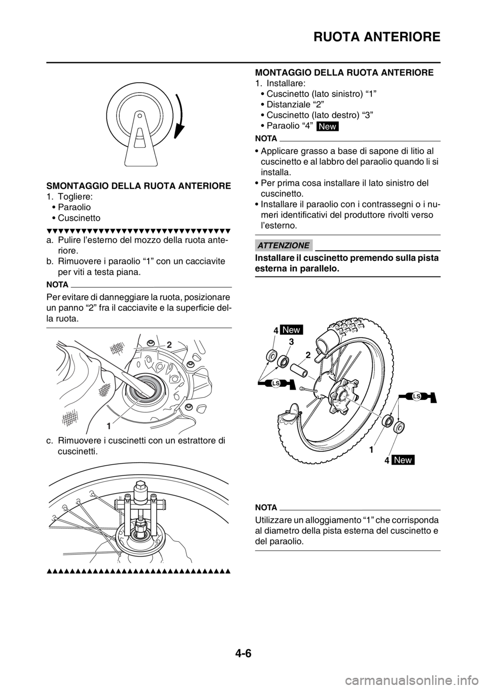 YAMAHA YZ250F 2014 Manuale duso (in Italian) RUOTA ANTERIORE
4-6
HAS1SM1125SMONTAGGIO DELLA RUOTA ANTERIORE
1. Togliere:
• Paraolio
• Cuscinetto
▼▼▼▼▼▼▼▼▼▼▼▼▼▼▼▼▼▼▼▼▼▼▼▼▼▼▼▼▼▼▼▼ YAMAHA YZ250F 2014 Manuale duso (in Italian) RUOTA ANTERIORE
4-6
HAS1SM1125SMONTAGGIO DELLA RUOTA ANTERIORE
1. Togliere:
• Paraolio
• Cuscinetto
▼▼▼▼▼▼▼▼▼▼▼▼▼▼▼▼▼▼▼▼▼▼▼▼▼▼▼▼▼▼▼▼