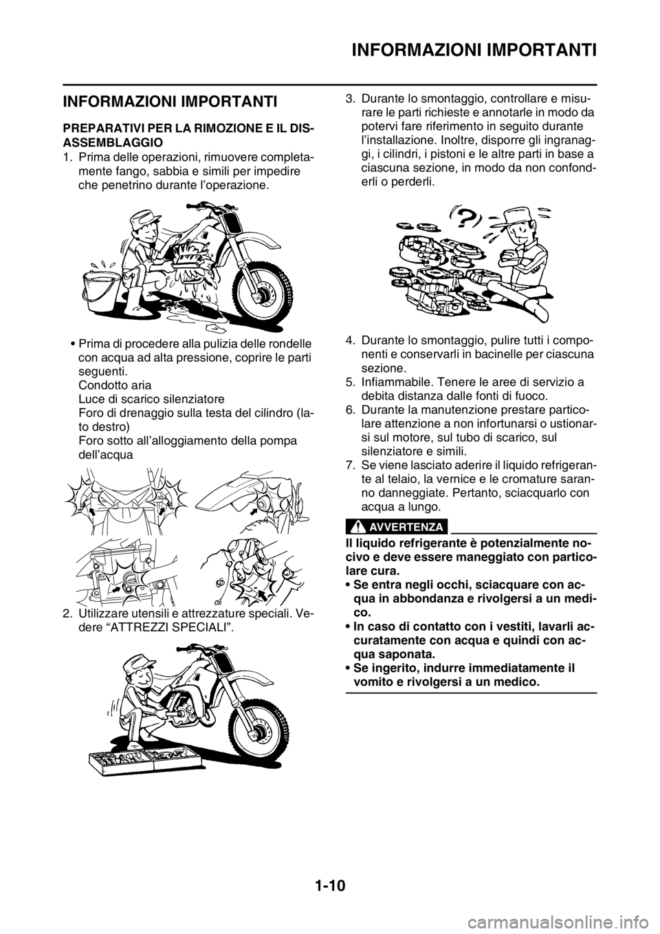 YAMAHA YZ250F 2014 Manuale duso (in Italian) INFORMAZIONI IMPORTANTI
1-10
HAS20180
INFORMAZIONI IMPORTANTI
HAS1SM1023PREPARATIVI PER LA RIMOZIONE E IL DIS-
ASSEMBLAGGIO
1. Prima delle operazioni, rimuovere completa-
mente fango, sabbia e simili YAMAHA YZ250F 2014 Manuale duso (in Italian) INFORMAZIONI IMPORTANTI
1-10
HAS20180
INFORMAZIONI IMPORTANTI
HAS1SM1023PREPARATIVI PER LA RIMOZIONE E IL DIS-
ASSEMBLAGGIO
1. Prima delle operazioni, rimuovere completa-
mente fango, sabbia e simili