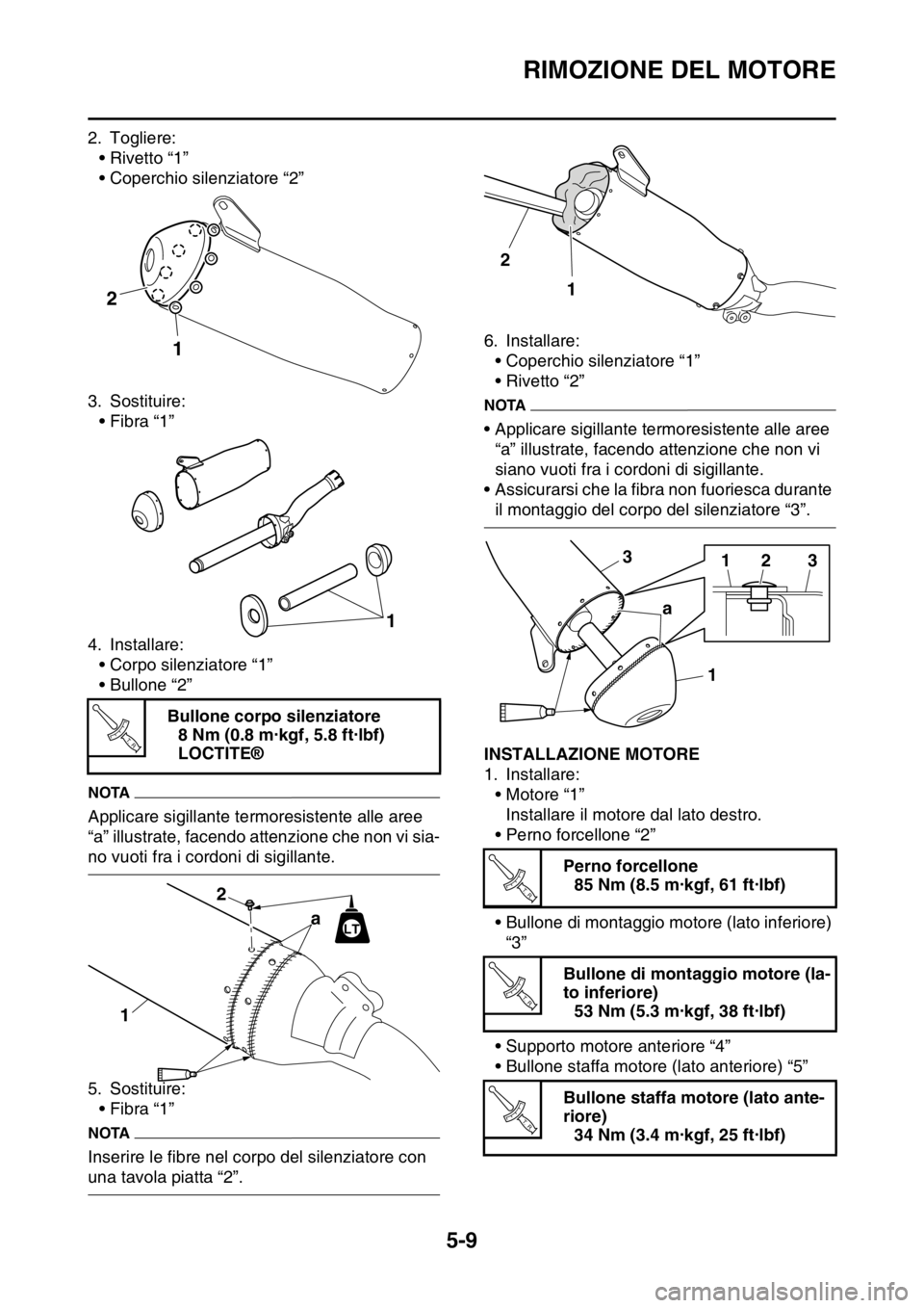 YAMAHA YZ250F 2014  Manuale duso (in Italian) RIMOZIONE DEL MOTORE
5-9
2. Togliere:
• Rivetto “1”
• Coperchio silenziatore “2”
3. Sostituire:
• Fibra “1”
4. Installare:
• Corpo silenziatore “1”
• Bullone “2”
NOTA
App