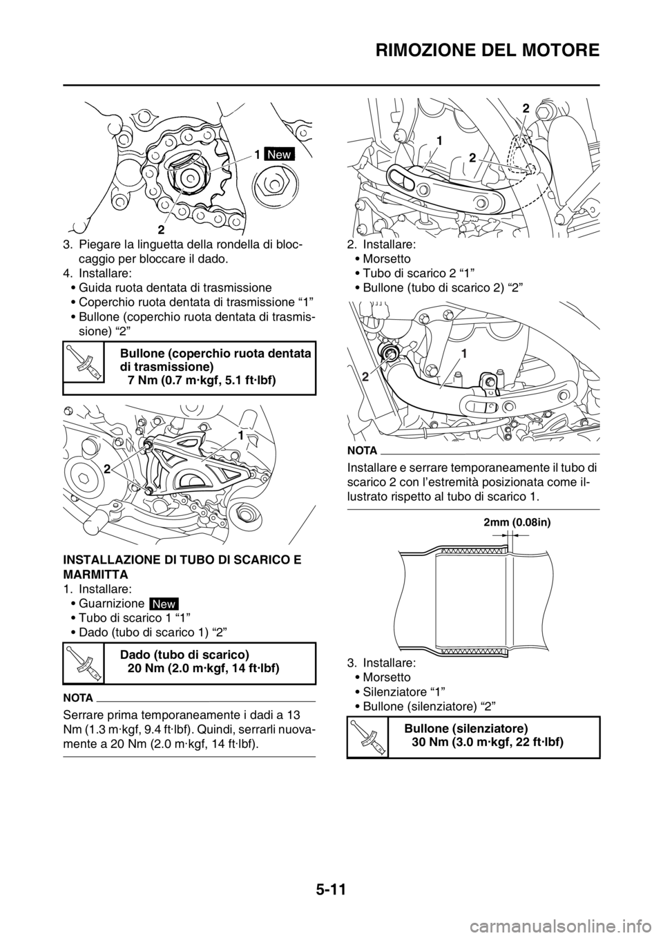 YAMAHA YZ250F 2014  Manuale duso (in Italian) RIMOZIONE DEL MOTORE
5-11
3. Piegare la linguetta della rondella di bloc-
caggio per bloccare il dado.
4. Installare:
• Guida ruota dentata di trasmissione
• Coperchio ruota dentata di trasmission