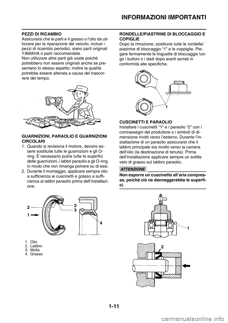 YAMAHA YZ250F 2014 Manuale duso (in Italian) INFORMAZIONI IMPORTANTI
1-11
PEZZI DI RICAMBIO
Assicurarsi che le parti e il grasso o l’olio da uti-
lizzare per la riparazione del veicolo, inclusi i
pezzi di ricambio periodici, siano parti origi YAMAHA YZ250F 2014 Manuale duso (in Italian) INFORMAZIONI IMPORTANTI
1-11
PEZZI DI RICAMBIO
Assicurarsi che le parti e il grasso o l’olio da uti-
lizzare per la riparazione del veicolo, inclusi i
pezzi di ricambio periodici, siano parti origi