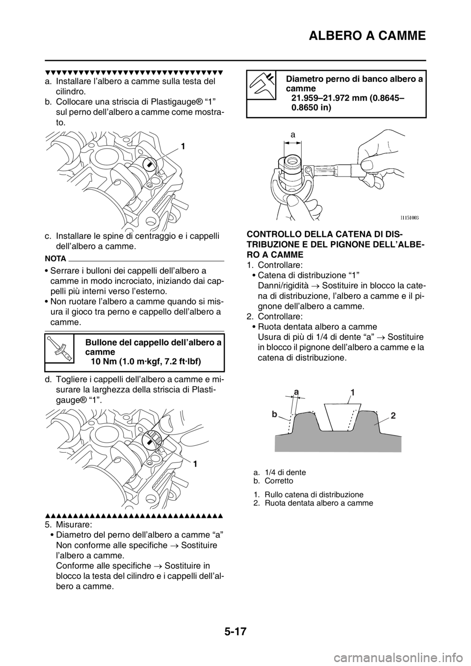 YAMAHA YZ250F 2014  Manuale duso (in Italian) ALBERO A CAMME
5-17
▼▼▼▼▼▼▼▼▼▼▼▼▼▼▼▼▼▼▼▼▼▼▼▼▼▼▼▼▼▼▼▼
a. Installare l’albero a camme sulla testa del 
cilindro.
b. Collocare una strisc