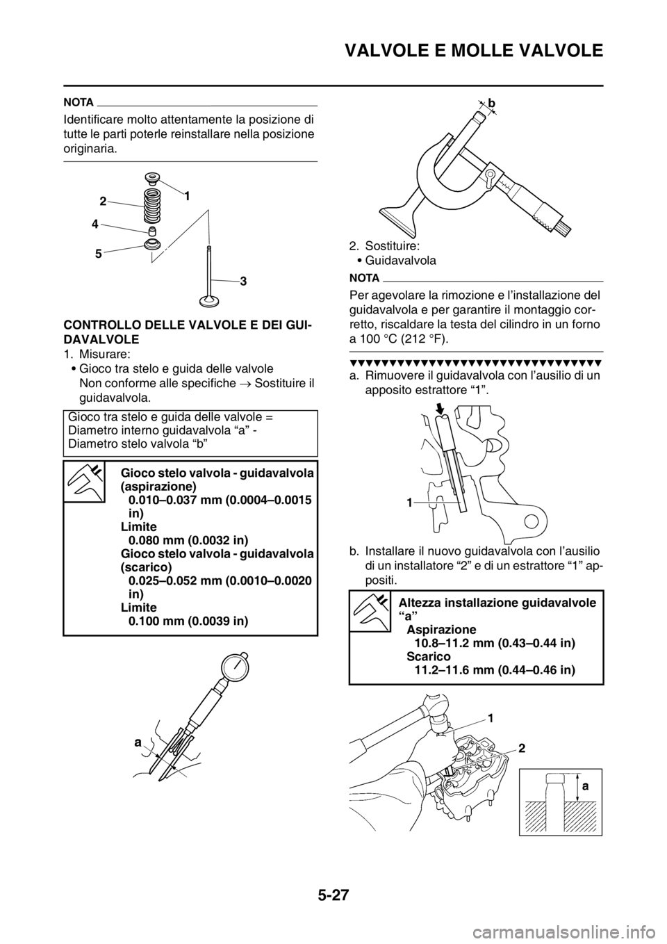 YAMAHA YZ250F 2014  Manuale duso (in Italian) VALVOLE E MOLLE VALVOLE
5-27
NOTA
Identificare molto attentamente la posizione di 
tutte le parti poterle reinstallare nella posizione 
originaria.
HAS1SM1221CONTROLLO DELLE VALVOLE E DEI GUI-
DAVALVO