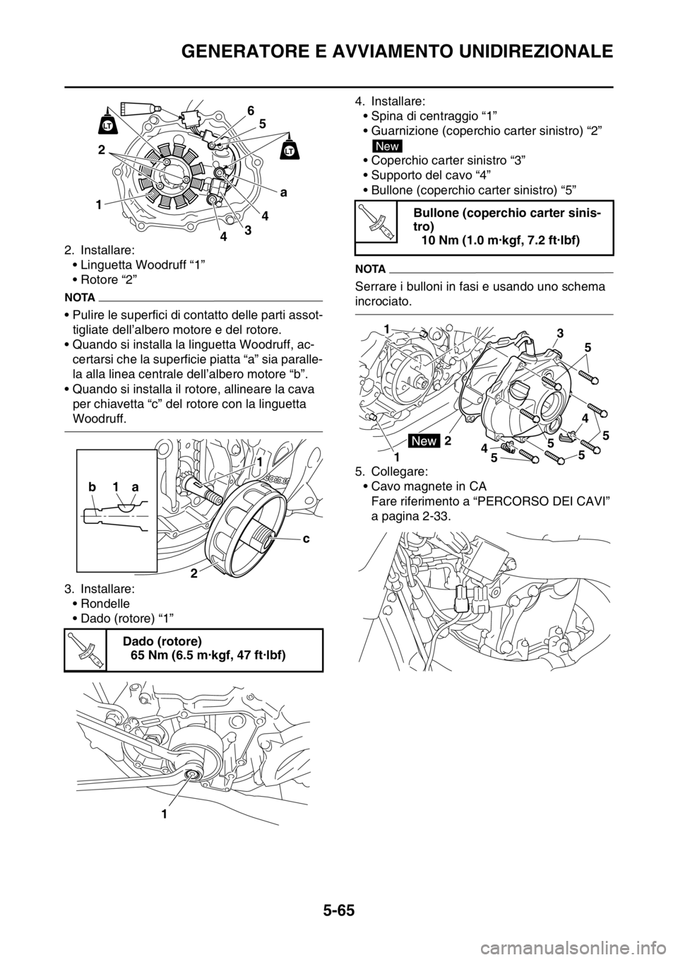 YAMAHA YZ250F 2014  Manuale duso (in Italian) GENERATORE E AVVIAMENTO UNIDIREZIONALE
5-65
2. Installare:
• Linguetta Woodruff “1”
• Rotore “2”
NOTA
• Pulire le superfici di contatto delle parti assot-
tigliate dell’albero motore e