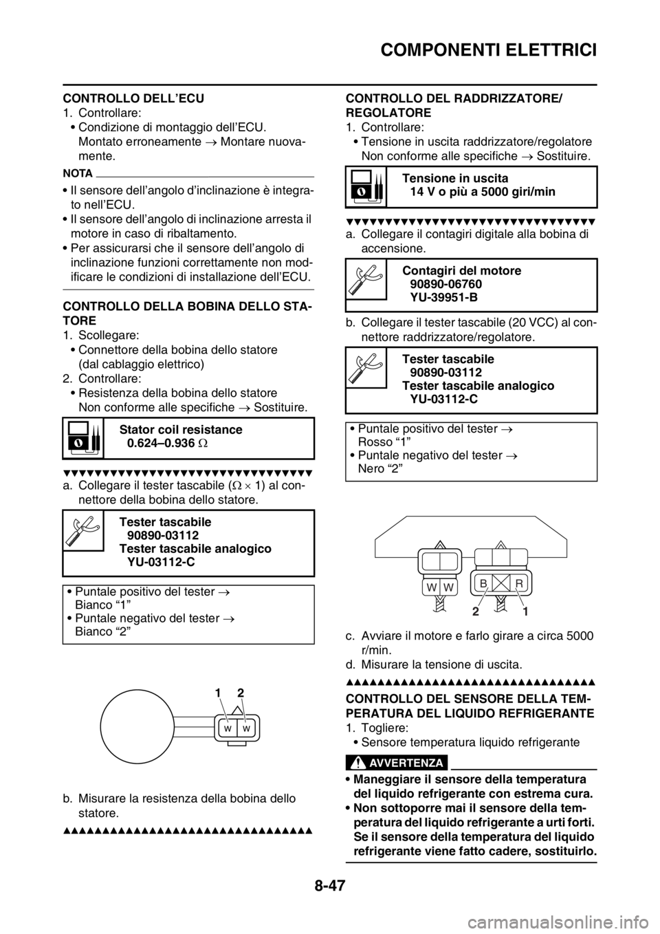 YAMAHA YZ250F 2014 Manuale duso (in Italian) COMPONENTI ELETTRICI
8-47
CONTROLLO DELL’ECU
1. Controllare:
• Condizione di montaggio dell’ECU.
Montato erroneamente Montare nuova-
mente.
NOTA
• Il sensore dell’angolo d’inclinazione YAMAHA YZ250F 2014 Manuale duso (in Italian) COMPONENTI ELETTRICI
8-47
CONTROLLO DELL’ECU
1. Controllare:
• Condizione di montaggio dell’ECU.
Montato erroneamente Montare nuova-
mente.
NOTA
• Il sensore dell’angolo d’inclinazione