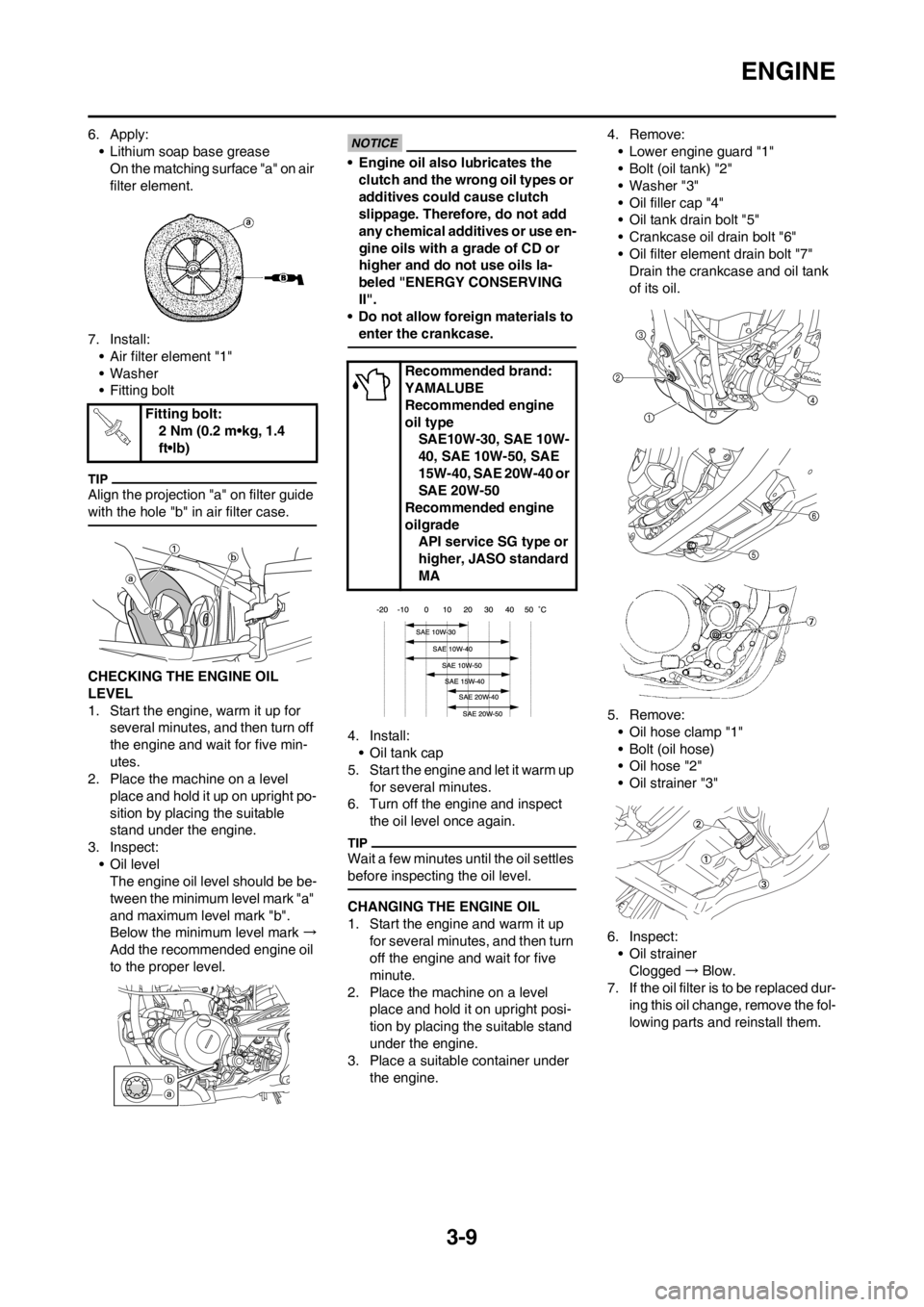 YAMAHA YZ250F 2013  Owners Manual 3-9
ENGINE
6. Apply:
• Lithium soap base grease 
On the matching surface "a" on air 
filter element.
7. Install:
• Air filter element "1"
• Washer
• Fitting bolt
Align the projection "a" on fi