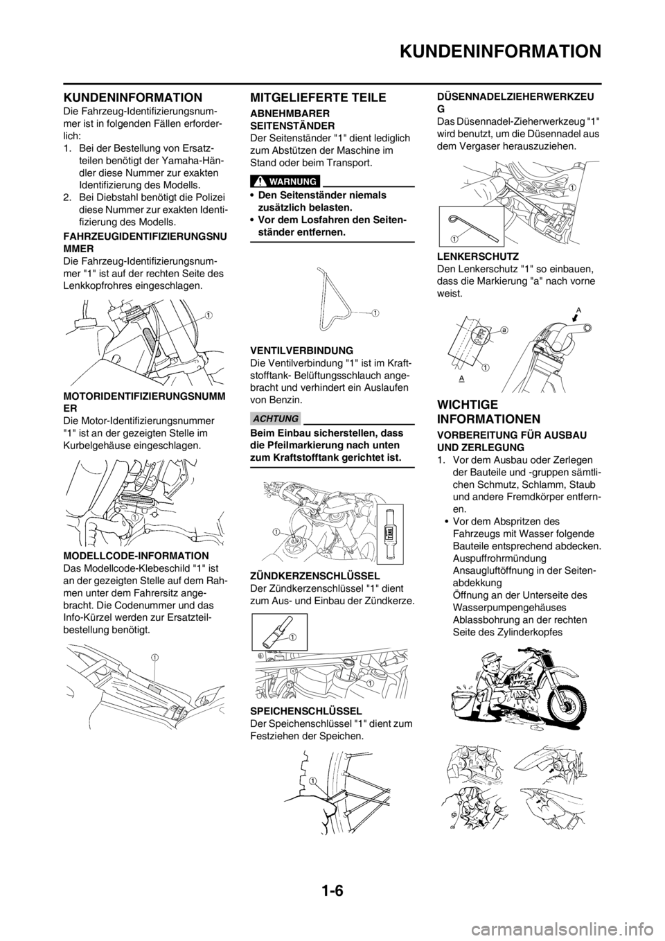 YAMAHA YZ250F 2013 Betriebsanleitungen (in German) 1-6
KUNDENINFORMATION
KUNDENINFORMATION
Die Fahrzeug-Identifizierungsnum-
mer ist in folgenden Fällen erforder-
lich:
1. Bei der Bestellung von Ersatz-
teilen benötigt der Yamaha-Hän-
dler diese Nu YAMAHA YZ250F 2013 Betriebsanleitungen (in German) 1-6
KUNDENINFORMATION
KUNDENINFORMATION
Die Fahrzeug-Identifizierungsnum-
mer ist in folgenden Fällen erforder-
lich:
1. Bei der Bestellung von Ersatz-
teilen benötigt der Yamaha-Hän-
dler diese Nu