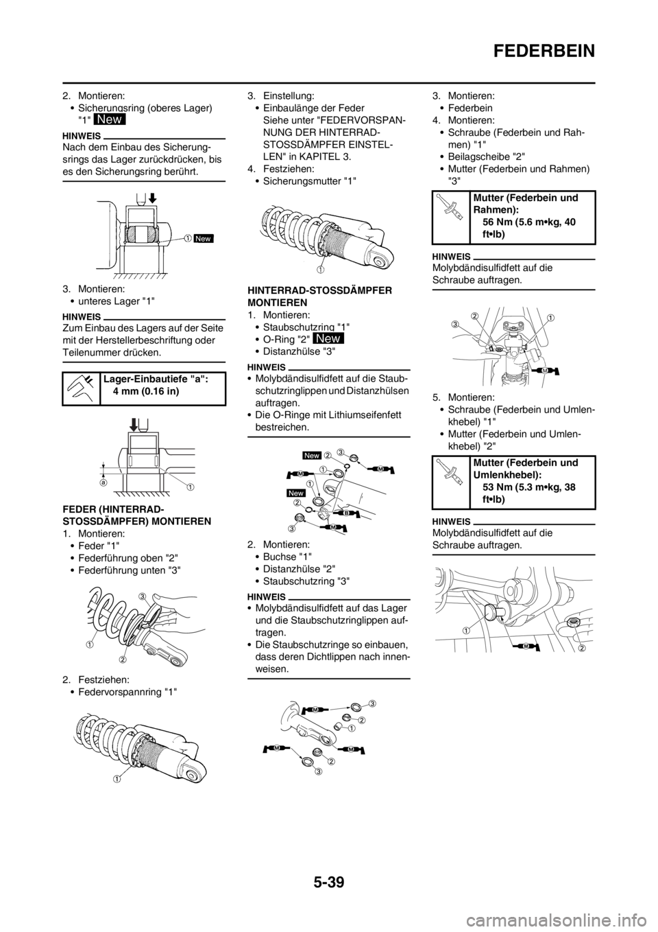 YAMAHA YZ250F 2013 Betriebsanleitungen (in German) 5-39
FEDERBEIN
2. Montieren:
• Sicherungsring (oberes Lager)
"1"
Nach dem Einbau des Sicherung-
srings das Lager zurückdrücken, bis
es den Sicherungsring berührt.
3. Montieren:
• unteres Lag YAMAHA YZ250F 2013 Betriebsanleitungen (in German) 5-39
FEDERBEIN
2. Montieren:
• Sicherungsring (oberes Lager)
"1"
Nach dem Einbau des Sicherung-
srings das Lager zurückdrücken, bis
es den Sicherungsring berührt.
3. Montieren:
• unteres Lag