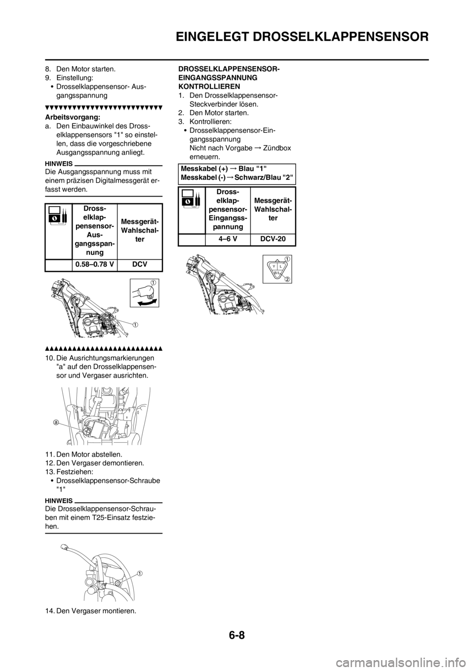 YAMAHA YZ250F 2013 Betriebsanleitungen (in German) 6-8
EINGELEGT DROSSELKLAPPENSENSOR
8. Den Motor starten.
9. Einstellung:
• Drosselklappensensor- Aus-
gangsspannung
Arbeitsvorgang:
a. Den Einbauwinkel des Dross-
elklappensensors "1" so einstel-
le YAMAHA YZ250F 2013 Betriebsanleitungen (in German) 6-8
EINGELEGT DROSSELKLAPPENSENSOR
8. Den Motor starten.
9. Einstellung:
• Drosselklappensensor- Aus-
gangsspannung
Arbeitsvorgang:
a. Den Einbauwinkel des Dross-
elklappensensors "1" so einstel-
le