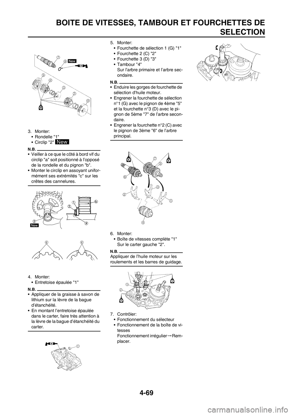 YAMAHA YZ250F 2013 Notices Demploi (in French) 4-69
BOITE DE VITESSES, TAMBOUR ET FOURCHETTES DE
SELECTION
3. Monter:
• Rondelle "1"
• Circlip "2"
• Veiller à ce que le côté à bord vif du
circlip "a" soit positionné à l’opposé
de YAMAHA YZ250F 2013 Notices Demploi (in French) 4-69
BOITE DE VITESSES, TAMBOUR ET FOURCHETTES DE
SELECTION
3. Monter:
• Rondelle "1"
• Circlip "2"
• Veiller à ce que le côté à bord vif du
circlip "a" soit positionné à l’opposé
de