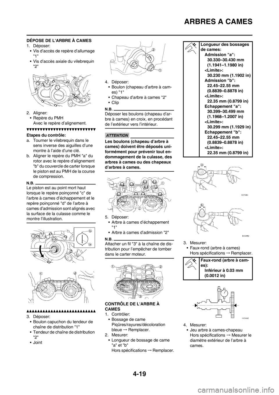 YAMAHA YZ250F 2013  Notices Demploi (in French) 4-19
ARBRES A CAMES
DÉPOSE DE LARBRE À CAMES
1. Déposer:
• Vis d’accès de repère d’allumage 
"1"
• Vis d’accès axiale du vilebrequin 
"2"
2. Aligner:
• Repère du PMH
Avec le repèr