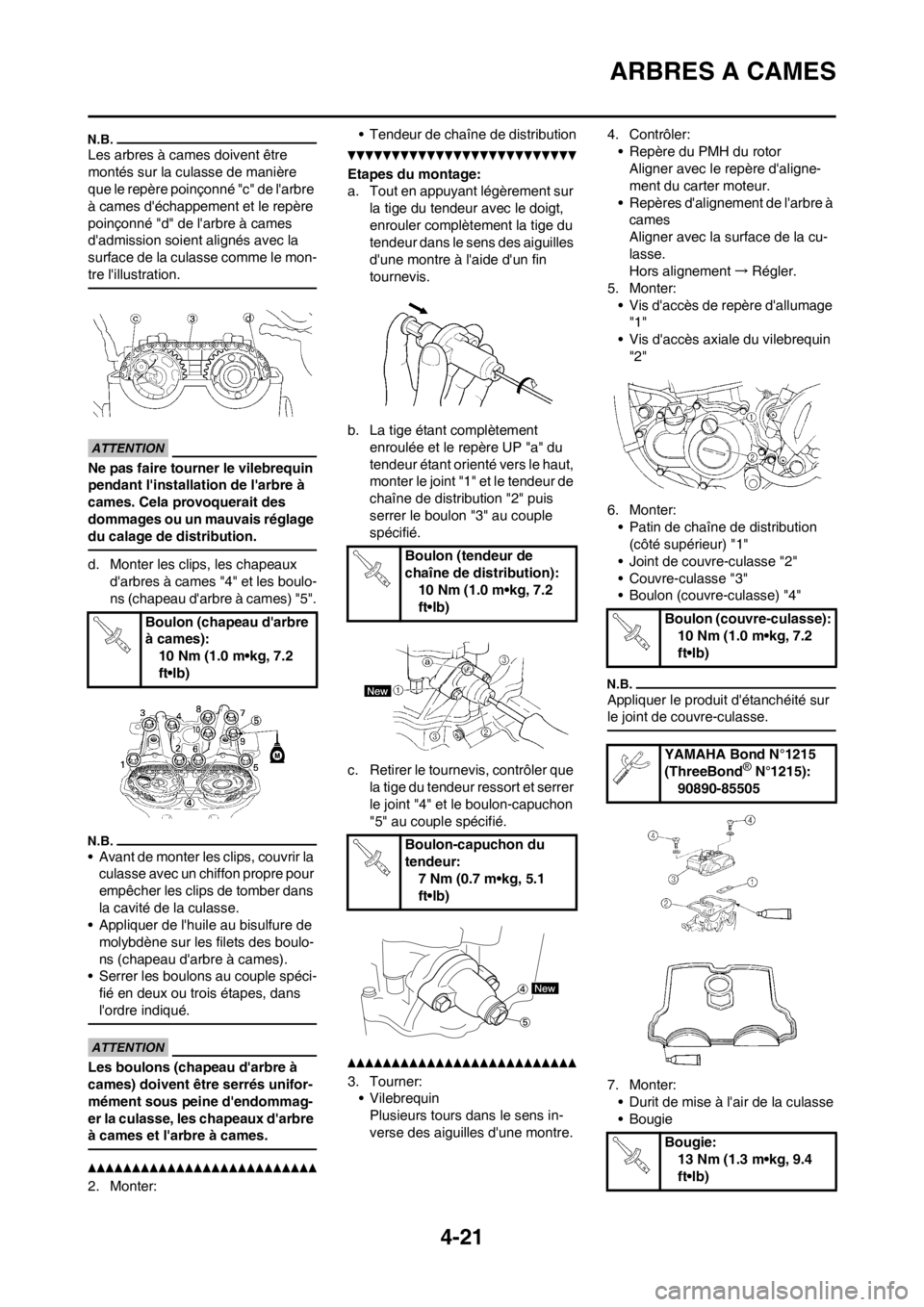 YAMAHA YZ250F 2013  Notices Demploi (in French) 4-21
ARBRES A CAMES
Les arbres à cames doivent être 
montés sur la culasse de manière 
que le repère poinçonné "c" de larbre 
à cames déchappement et le repère 
poinçonné "d" de larbre 