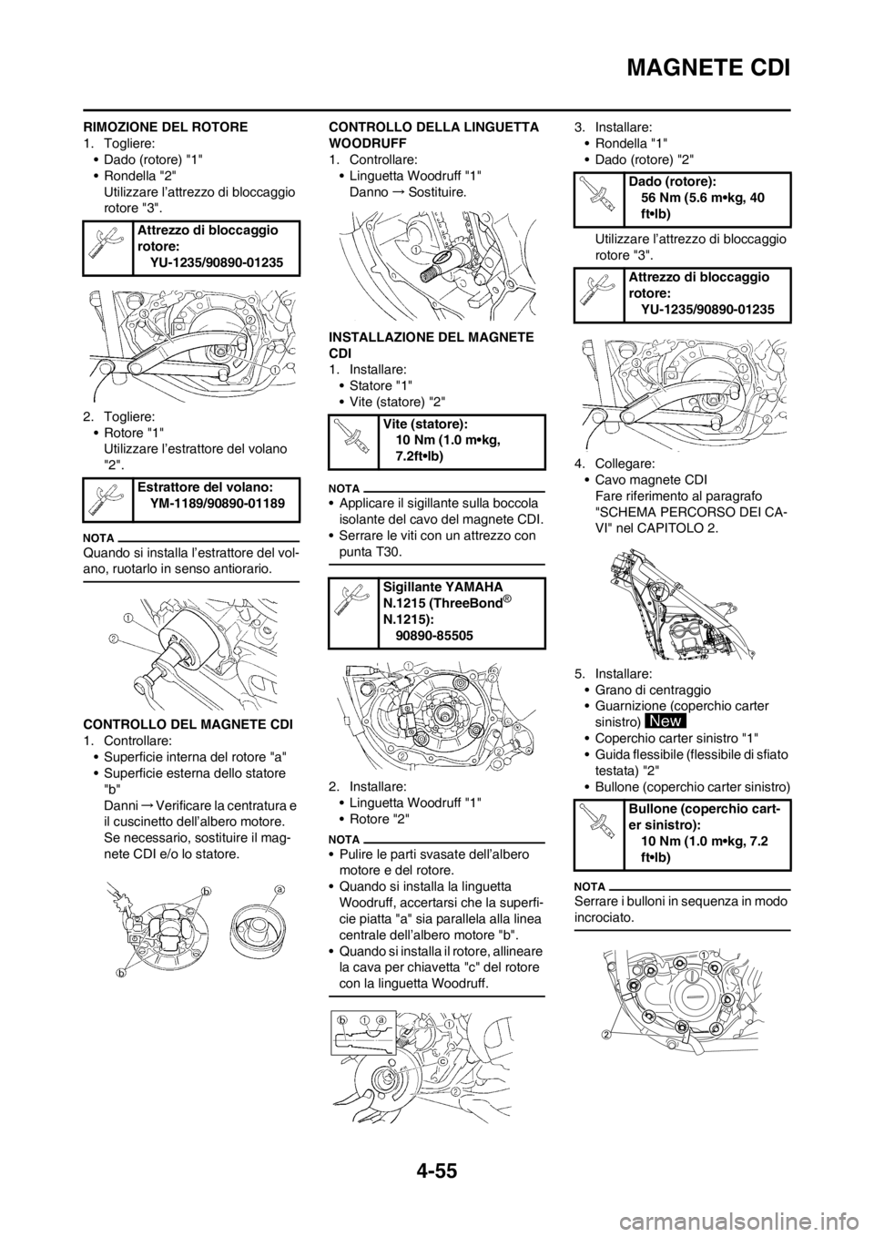 YAMAHA YZ250F 2013 Manuale duso (in Italian) 4-55
MAGNETE CDI
RIMOZIONE DEL ROTORE
1. Togliere:
• Dado (rotore) "1"
• Rondella "2"
Utilizzare l’attrezzo di bloccaggio
rotore "3".
2. Togliere:
• Rotore "1"
Utilizzare l’estrattore del v YAMAHA YZ250F 2013 Manuale duso (in Italian) 4-55
MAGNETE CDI
RIMOZIONE DEL ROTORE
1. Togliere:
• Dado (rotore) "1"
• Rondella "2"
Utilizzare l’attrezzo di bloccaggio
rotore "3".
2. Togliere:
• Rotore "1"
Utilizzare l’estrattore del v