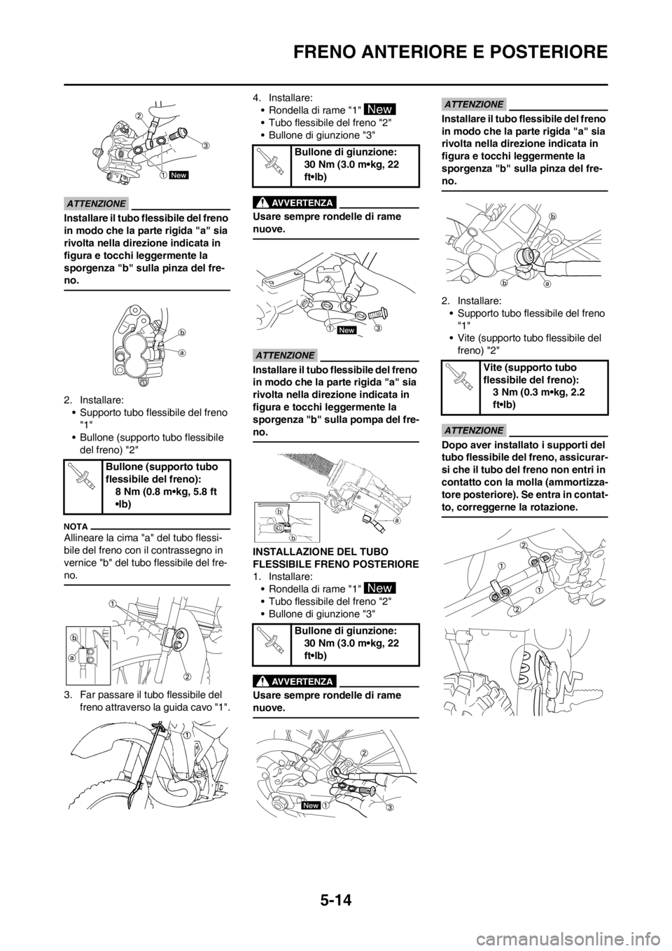 YAMAHA YZ250F 2013 Manuale duso (in Italian) 5-14
FRENO ANTERIORE E POSTERIORE
Installare il tubo flessibile del freno
in modo che la parte rigida "a" sia
rivolta nella direzione indicata in
figura e tocchi leggermente la
sporgenza "b" sulla YAMAHA YZ250F 2013 Manuale duso (in Italian) 5-14
FRENO ANTERIORE E POSTERIORE
Installare il tubo flessibile del freno
in modo che la parte rigida "a" sia
rivolta nella direzione indicata in
figura e tocchi leggermente la
sporgenza "b" sulla
