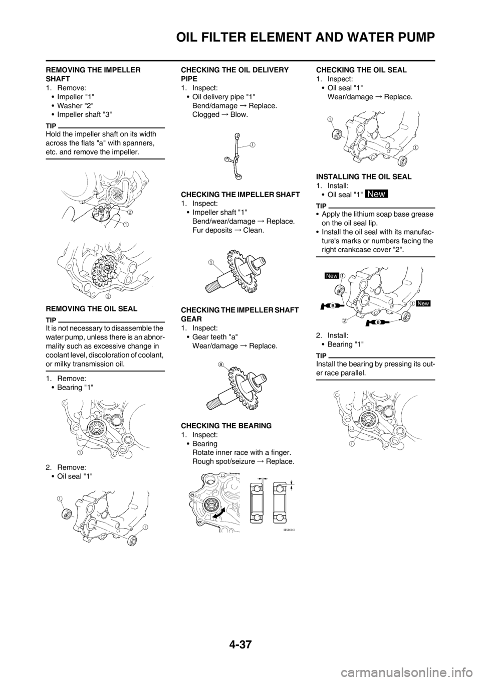 YAMAHA YZ250F 2012 Owners Manual 4-37
OIL FILTER ELEMENT AND WATER PUMP
REMOVING THE IMPELLER
SHAFT
1. Remove:
• Impeller "1"
• Washer "2"
• Impeller shaft "3"
Hold the impeller shaft on its width
across the flats "a" with sp YAMAHA YZ250F 2012 Owners Manual 4-37
OIL FILTER ELEMENT AND WATER PUMP
REMOVING THE IMPELLER
SHAFT
1. Remove:
• Impeller "1"
• Washer "2"
• Impeller shaft "3"
Hold the impeller shaft on its width
across the flats "a" with sp