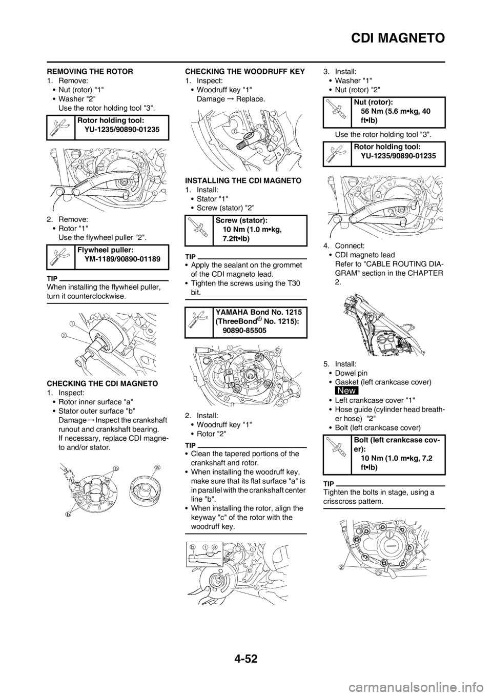 YAMAHA YZ250F 2012 Owners Manual 4-52
CDI MAGNETO
REMOVING THE ROTOR
1. Remove:
• Nut (rotor) "1"
• Washer "2"
Use the rotor holding tool "3".
2. Remove:
• Rotor "1"
Use the flywheel puller "2".
When installing the flywheel pul YAMAHA YZ250F 2012 Owners Manual 4-52
CDI MAGNETO
REMOVING THE ROTOR
1. Remove:
• Nut (rotor) "1"
• Washer "2"
Use the rotor holding tool "3".
2. Remove:
• Rotor "1"
Use the flywheel puller "2".
When installing the flywheel pul
