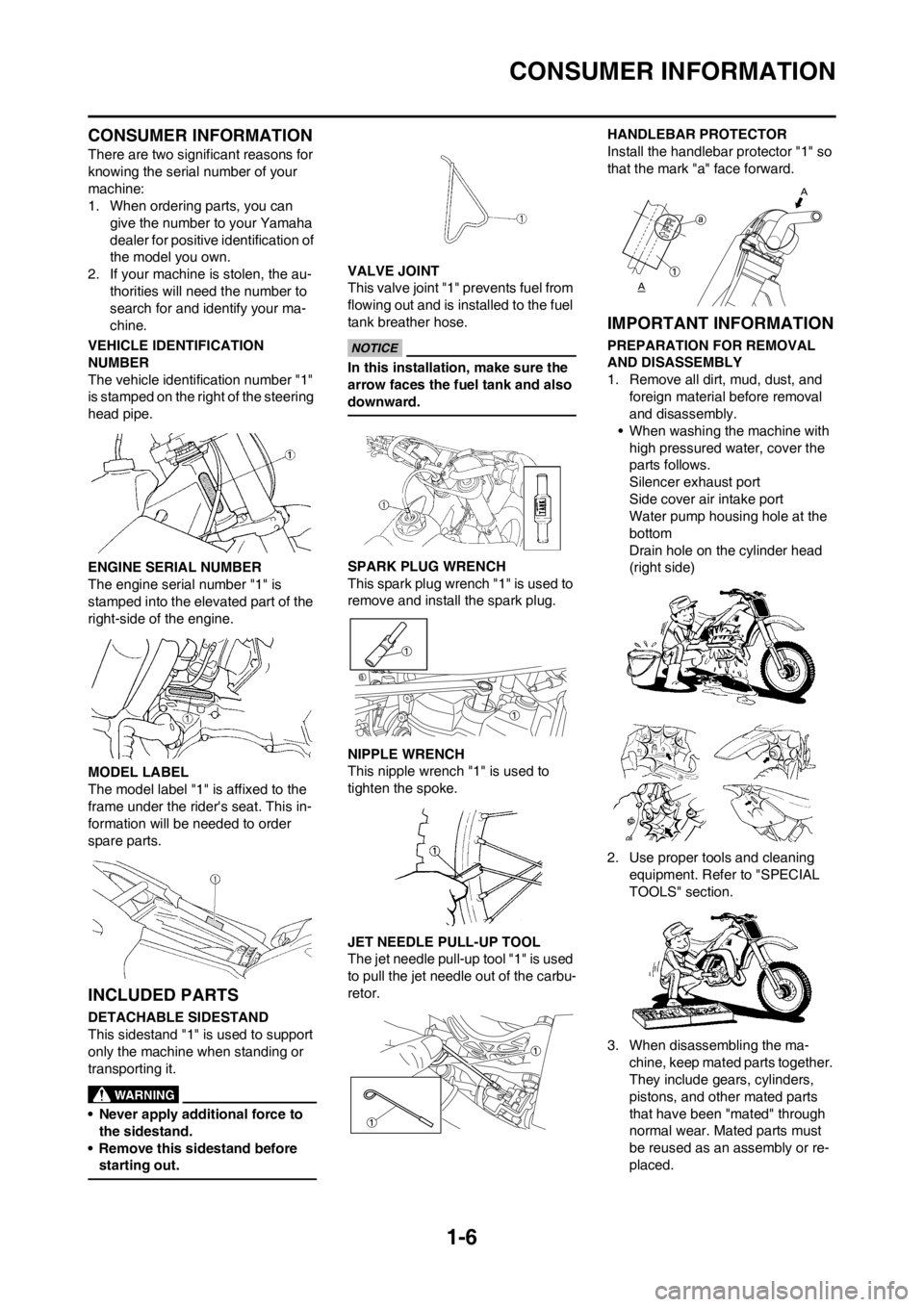 YAMAHA YZ250F 2012 User Guide 1-6
CONSUMER INFORMATION
CONSUMER INFORMATION
There are two significant reasons for 
knowing the serial number of your 
machine:
1. When ordering parts, you can 
give the number to your Yamaha 
dealer