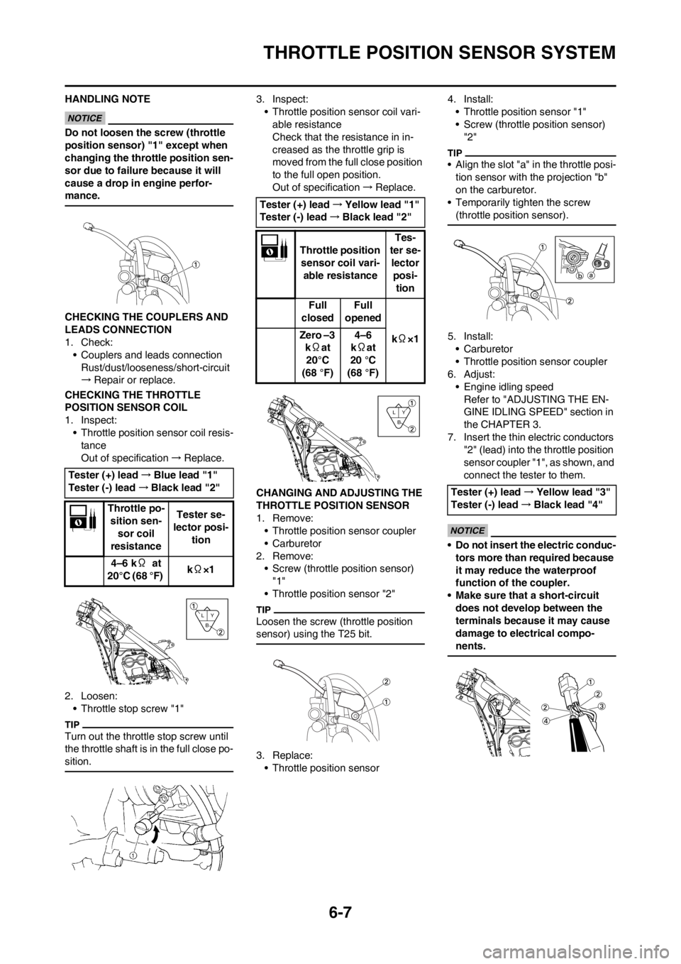 YAMAHA YZ250F 2012 User Guide 6-7
THROTTLE POSITION SENSOR SYSTEM
HANDLING NOTE
Do not loosen the screw (throttle
position sensor) "1" except when
changing the throttle position sen-
sor due to failure because it will
cause a d YAMAHA YZ250F 2012 User Guide 6-7
THROTTLE POSITION SENSOR SYSTEM
HANDLING NOTE
Do not loosen the screw (throttle
position sensor) "1" except when
changing the throttle position sen-
sor due to failure because it will
cause a d