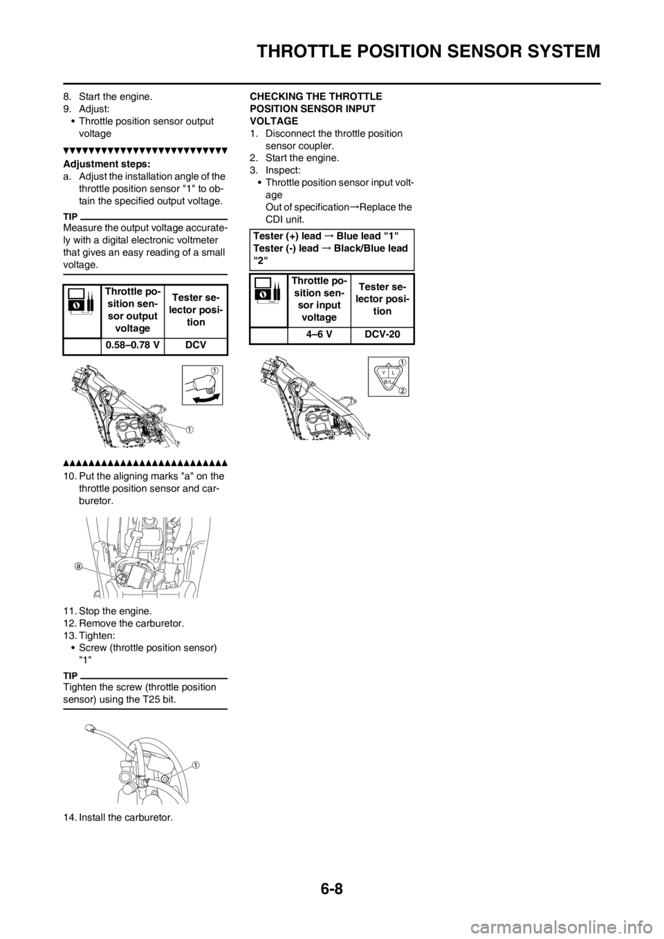 YAMAHA YZ250F 2012 User Guide 6-8
THROTTLE POSITION SENSOR SYSTEM
8. Start the engine.
9. Adjust:
• Throttle position sensor output
voltage
Adjustment steps:
a. Adjust the installation angle of the
throttle position sensor "1" YAMAHA YZ250F 2012 User Guide 6-8
THROTTLE POSITION SENSOR SYSTEM
8. Start the engine.
9. Adjust:
• Throttle position sensor output
voltage
Adjustment steps:
a. Adjust the installation angle of the
throttle position sensor "1"
