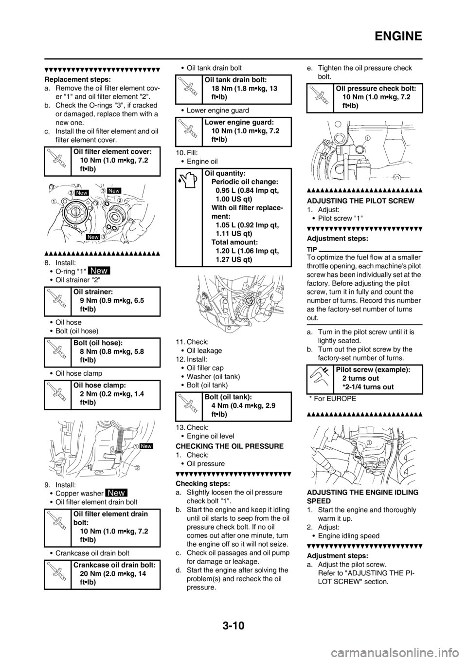 YAMAHA YZ250F 2012 User Guide 3-10
ENGINE
Replacement steps:
a. Remove the oil filter element cov-
er "1" and oil filter element "2".
b. Check the O-rings "3", if cracked
or damaged, replace them with a
new one.
c. Install the o YAMAHA YZ250F 2012 User Guide 3-10
ENGINE
Replacement steps:
a. Remove the oil filter element cov-
er "1" and oil filter element "2".
b. Check the O-rings "3", if cracked
or damaged, replace them with a
new one.
c. Install the o