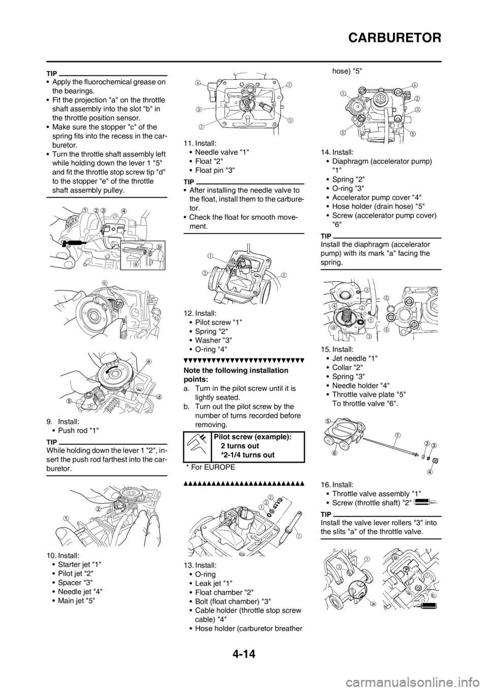 YAMAHA YZ250F 2012 Owners Manual 4-14
CARBURETOR
• Apply the fluorochemical grease on
the bearings.
• Fit the projection "a" on the throttle
shaft assembly into the slot "b" in
the throttle position sensor.
• Make sure the s YAMAHA YZ250F 2012 Owners Manual 4-14
CARBURETOR
• Apply the fluorochemical grease on
the bearings.
• Fit the projection "a" on the throttle
shaft assembly into the slot "b" in
the throttle position sensor.
• Make sure the s