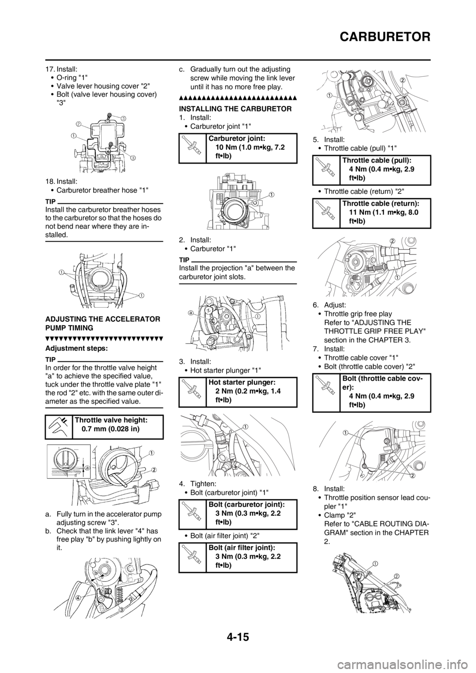 YAMAHA YZ250F 2012 Owners Manual 4-15
CARBURETOR
17. Install:
• O-ring "1"
• Valve lever housing cover "2"
• Bolt (valve lever housing cover)
"3"
18. Install:
• Carburetor breather hose "1"
Install the carburetor breather ho YAMAHA YZ250F 2012 Owners Manual 4-15
CARBURETOR
17. Install:
• O-ring "1"
• Valve lever housing cover "2"
• Bolt (valve lever housing cover)
"3"
18. Install:
• Carburetor breather hose "1"
Install the carburetor breather ho