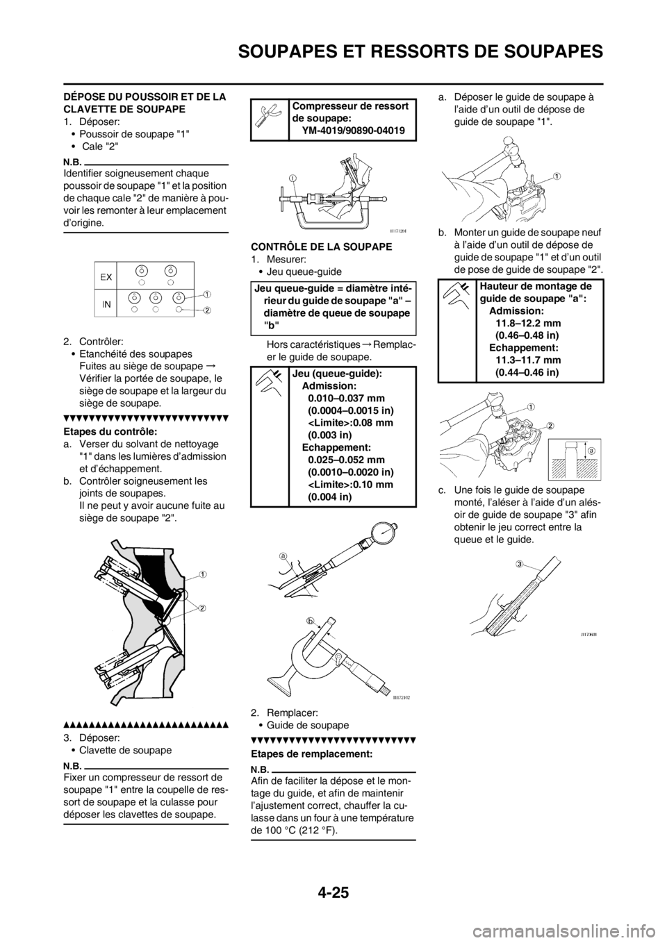 YAMAHA YZ250F 2012 Notices Demploi (in French) 4-25
SOUPAPES ET RESSORTS DE SOUPAPES
DÉPOSE DU POUSSOIR ET DE LA
CLAVETTE DE SOUPAPE
1. Déposer:
• Poussoir de soupape "1"
• Cale "2"
Identifier soigneusement chaque
poussoir de soupape "1" YAMAHA YZ250F 2012 Notices Demploi (in French) 4-25
SOUPAPES ET RESSORTS DE SOUPAPES
DÉPOSE DU POUSSOIR ET DE LA
CLAVETTE DE SOUPAPE
1. Déposer:
• Poussoir de soupape "1"
• Cale "2"
Identifier soigneusement chaque
poussoir de soupape "1"