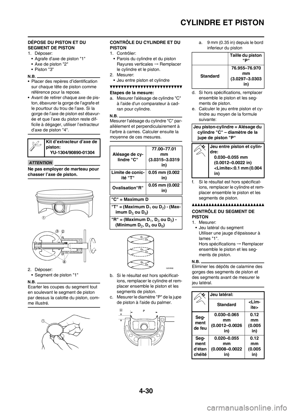 YAMAHA YZ250F 2012 Notices Demploi (in French) 4-30
CYLINDRE ET PISTON
DÉPOSE DU PISTON ET DU
SEGMENT DE PISTON
1. Déposer:
• Agrafe d’axe de piston "1"
• Axe de piston "2"
• Piston "3"
• Placer des repères d’identification
sur ch YAMAHA YZ250F 2012 Notices Demploi (in French) 4-30
CYLINDRE ET PISTON
DÉPOSE DU PISTON ET DU
SEGMENT DE PISTON
1. Déposer:
• Agrafe d’axe de piston "1"
• Axe de piston "2"
• Piston "3"
• Placer des repères d’identification
sur ch