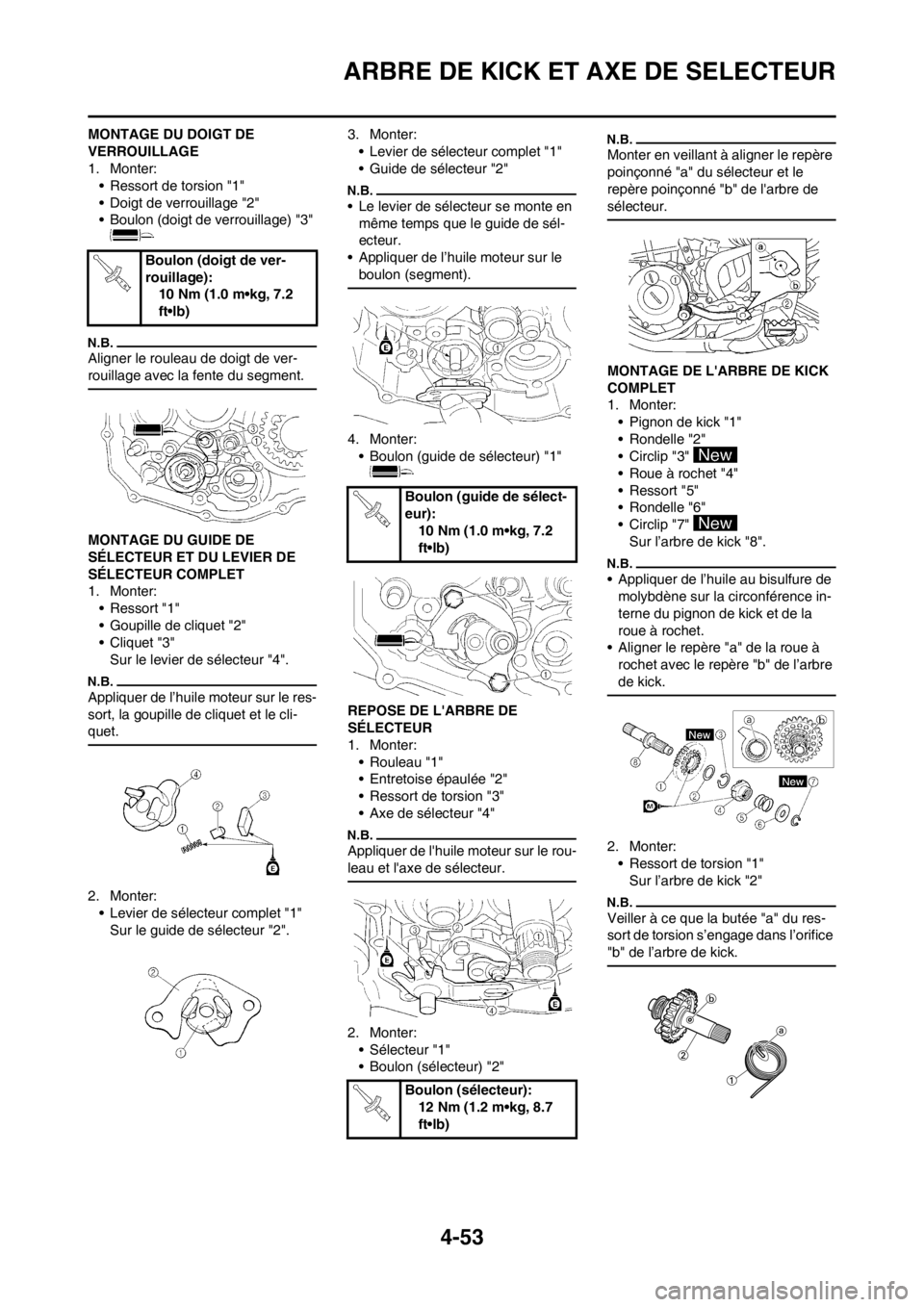 YAMAHA YZ250F 2012  Notices Demploi (in French) 4-53
ARBRE DE KICK ET AXE DE SELECTEUR
MONTAGE DU DOIGT DE 
VERROUILLAGE
1. Monter:
• Ressort de torsion "1"
• Doigt de verrouillage "2"
• Boulon (doigt de verrouillage) "3" 
Aligner le rouleau 