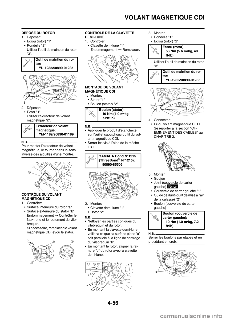 YAMAHA YZ250F 2012 Notices Demploi (in French) 4-56
VOLANT MAGNETIQUE CDI
DÉPOSE DU ROTOR
1. Déposer:
• Ecrou (rotor) "1"
• Rondelle "2"
Utiliser l’outil de maintien du rotor
"3".
2. Déposer:
• Rotor "1"
Utiliser l’extracteur de vola YAMAHA YZ250F 2012 Notices Demploi (in French) 4-56
VOLANT MAGNETIQUE CDI
DÉPOSE DU ROTOR
1. Déposer:
• Ecrou (rotor) "1"
• Rondelle "2"
Utiliser l’outil de maintien du rotor
"3".
2. Déposer:
• Rotor "1"
Utiliser l’extracteur de vola