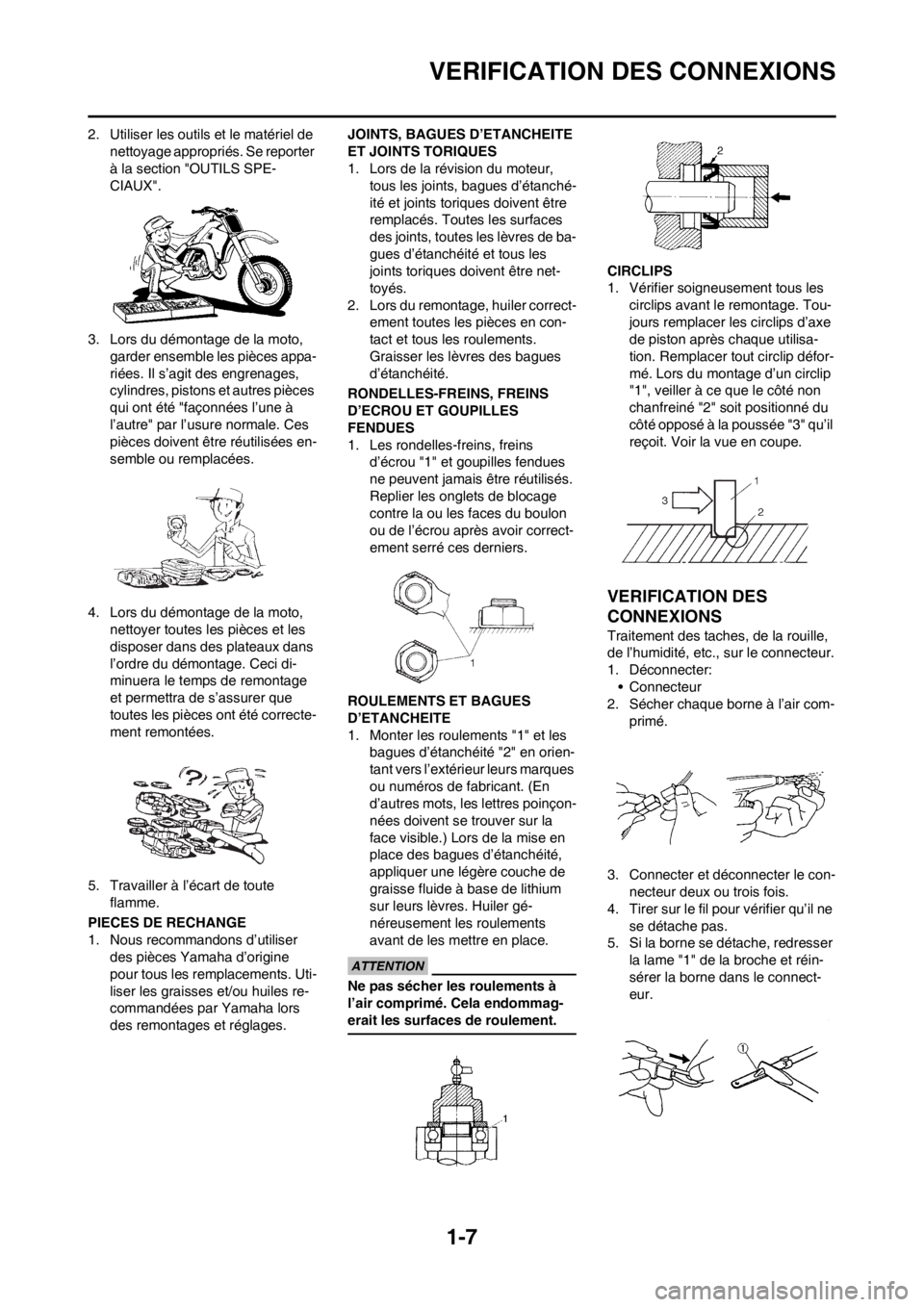 YAMAHA YZ250F 2012 Notices Demploi (in French) 1-7
VERIFICATION DES CONNEXIONS
2. Utiliser les outils et le matériel de
nettoyage appropriés. Se reporter
à la section "OUTILS SPE-
CIAUX".
3. Lors du démontage de la moto,
garder ensemble les YAMAHA YZ250F 2012 Notices Demploi (in French) 1-7
VERIFICATION DES CONNEXIONS
2. Utiliser les outils et le matériel de
nettoyage appropriés. Se reporter
à la section "OUTILS SPE-
CIAUX".
3. Lors du démontage de la moto,
garder ensemble les
