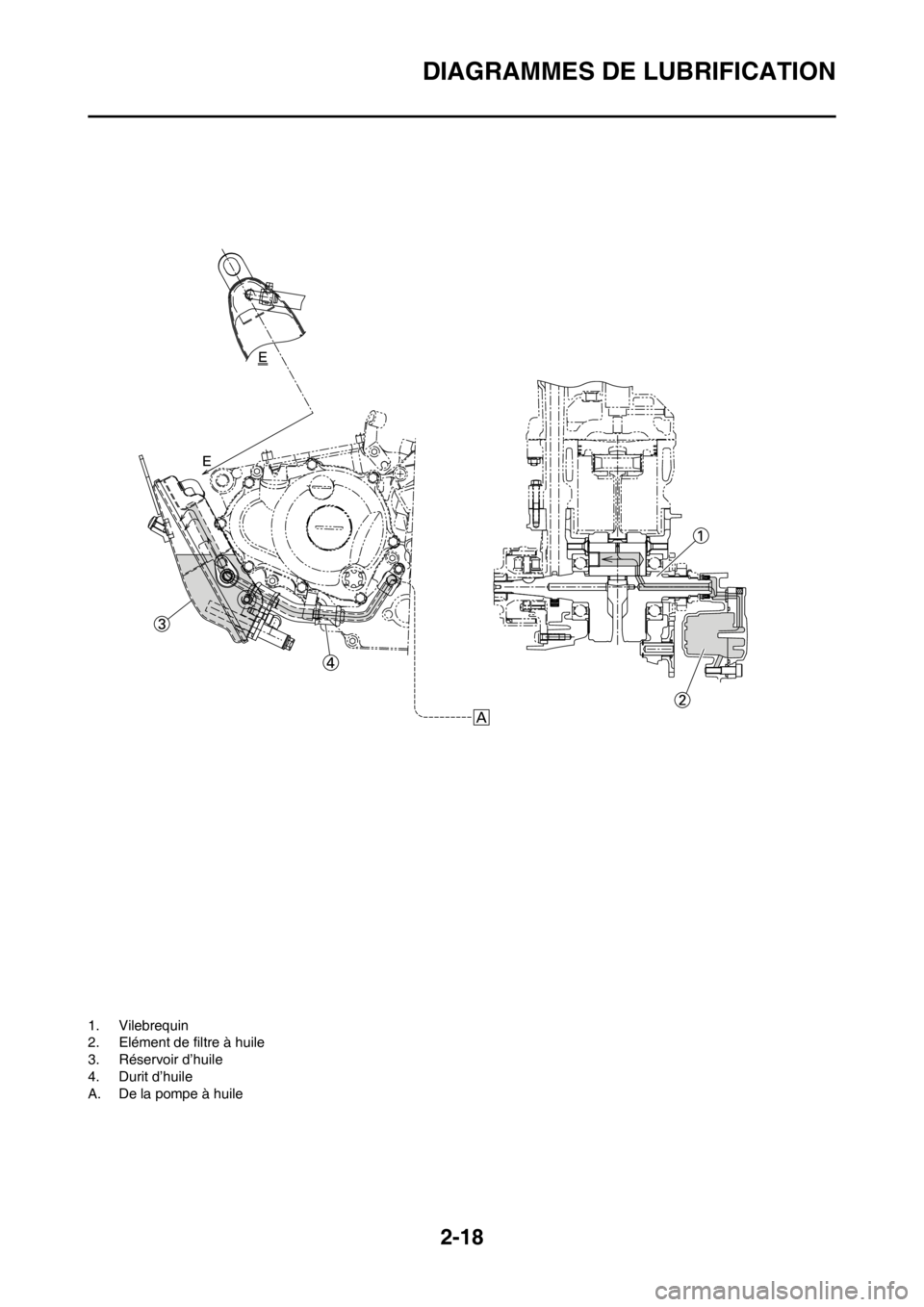 YAMAHA YZ250F 2012 Notices Demploi (in French) 2-18
DIAGRAMMES DE LUBRIFICATION
1. Vilebrequin
2. Elément de filtre à huile
3. Réservoir d’huile
4. Durit d’huile
A. De la pompe à huile YAMAHA YZ250F 2012 Notices Demploi (in French) 2-18
DIAGRAMMES DE LUBRIFICATION
1. Vilebrequin
2. Elément de filtre à huile
3. Réservoir d’huile
4. Durit d’huile
A. De la pompe à huile