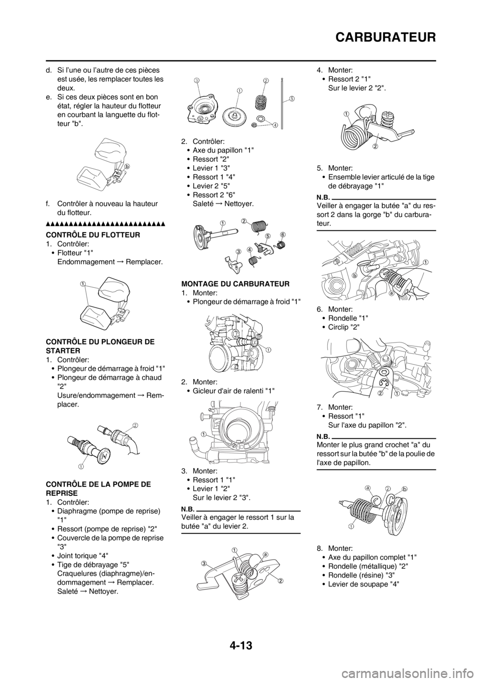 YAMAHA YZ250F 2012 Notices Demploi (in French) 4-13
CARBURATEUR
d. Si l’une ou l’autre de ces pièces
est usée, les remplacer toutes les
deux.
e. Si ces deux pièces sont en bon
état, régler la hauteur du flotteur
en courbant la languet YAMAHA YZ250F 2012 Notices Demploi (in French) 4-13
CARBURATEUR
d. Si l’une ou l’autre de ces pièces
est usée, les remplacer toutes les
deux.
e. Si ces deux pièces sont en bon
état, régler la hauteur du flotteur
en courbant la languet