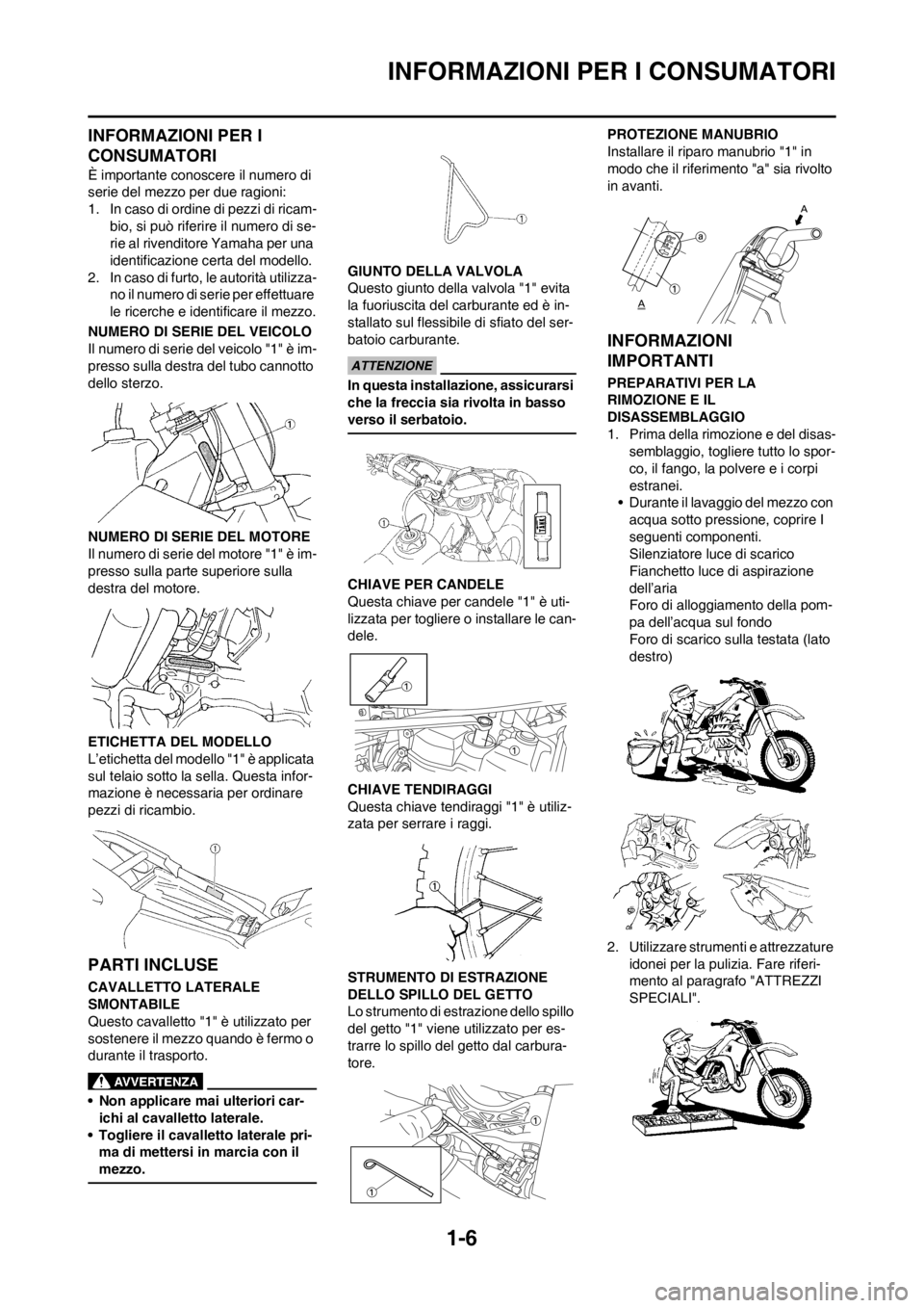 YAMAHA YZ250F 2012 Manuale duso (in Italian) 1-6
INFORMAZIONI PER I CONSUMATORI
INFORMAZIONI PER I
CONSUMATORI
È importante conoscere il numero di
serie del mezzo per due ragioni:
1. In caso di ordine di pezzi di ricam-
bio, si può riferire YAMAHA YZ250F 2012 Manuale duso (in Italian) 1-6
INFORMAZIONI PER I CONSUMATORI
INFORMAZIONI PER I
CONSUMATORI
È importante conoscere il numero di
serie del mezzo per due ragioni:
1. In caso di ordine di pezzi di ricam-
bio, si può riferire